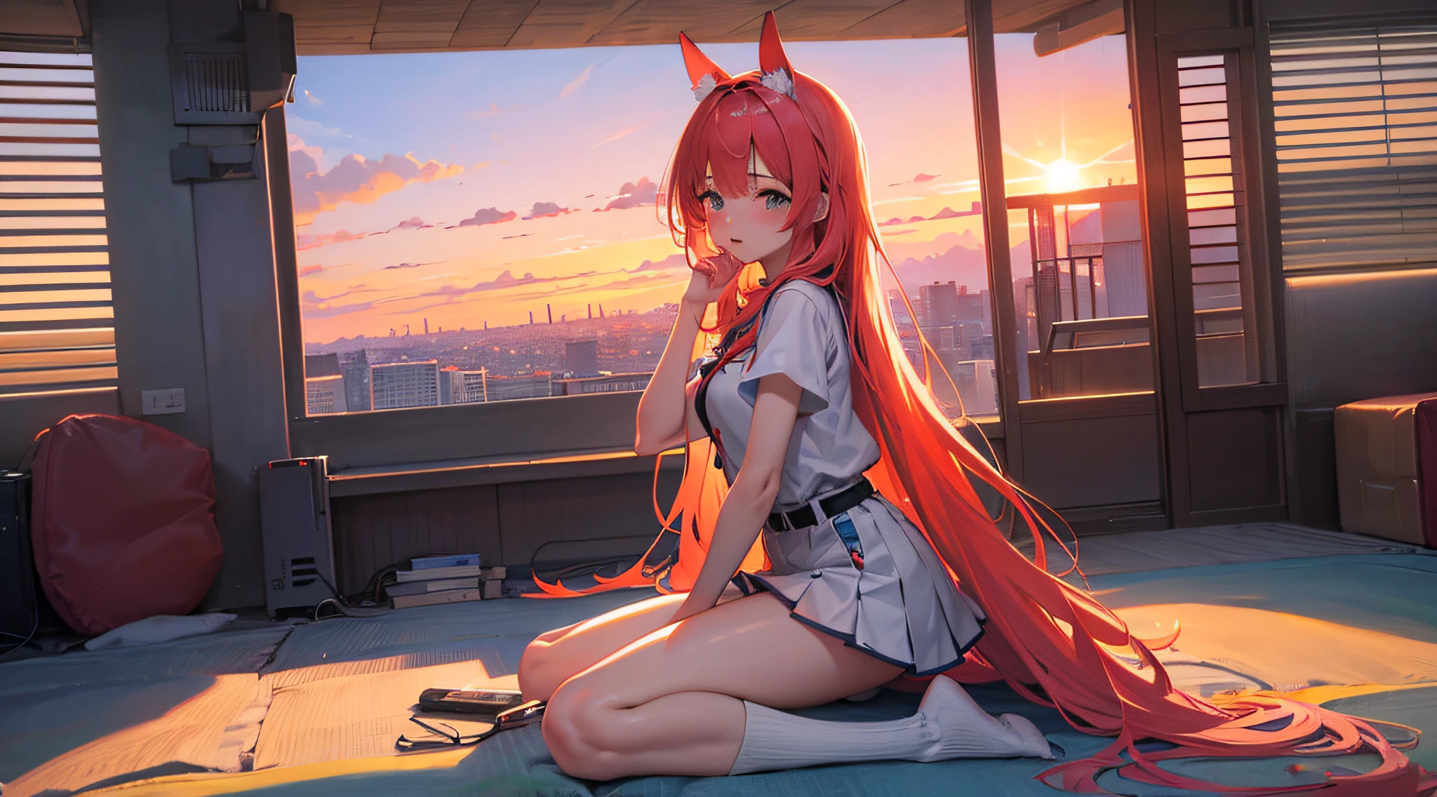 Menina anime sentada em uma mesa com um livro e fones de ouvido, Anime Art Wallpaper 4K, Anime Art Wallpaper 4K, estilo anime 4K, Anime Art Wallpaper 8K, menina lofi, Papel de parede anime 4k, Anime Wallpaper 4k, 4k anime wallpapers, anime girl desktop background, 4 k manga wallpaper, anime vibes, watching the sun set. anime