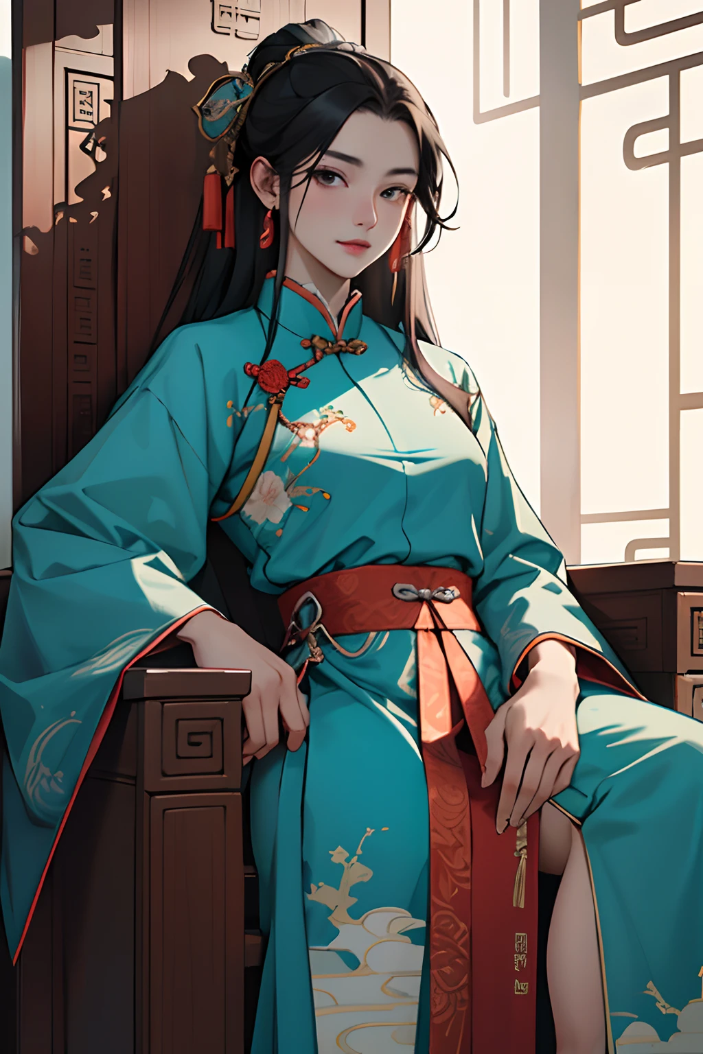 (masterpiece, best quality, highly detailed, cowboy shot), 1girl, 18 year old, Qing Dynasty Empress, black hair, long hair, Chinese clothes, elaborate outfit, throne room