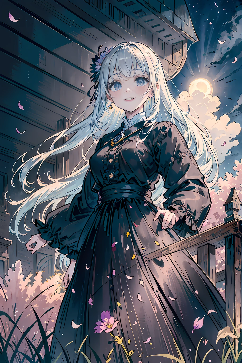 masterpiece, best quality, 1girl, (colorful),(finely detailed beautiful eyes and detailed face),cinematic lighting,bust shot,extremely detailed CG unity 8k wallpaper,white hair,solo,smile,intricate skirt,((flying petal)),(Flowery meadow) sky, cloudy_sky, building, moonlight, moon, night, (dark theme:1.3), light, fantasy,