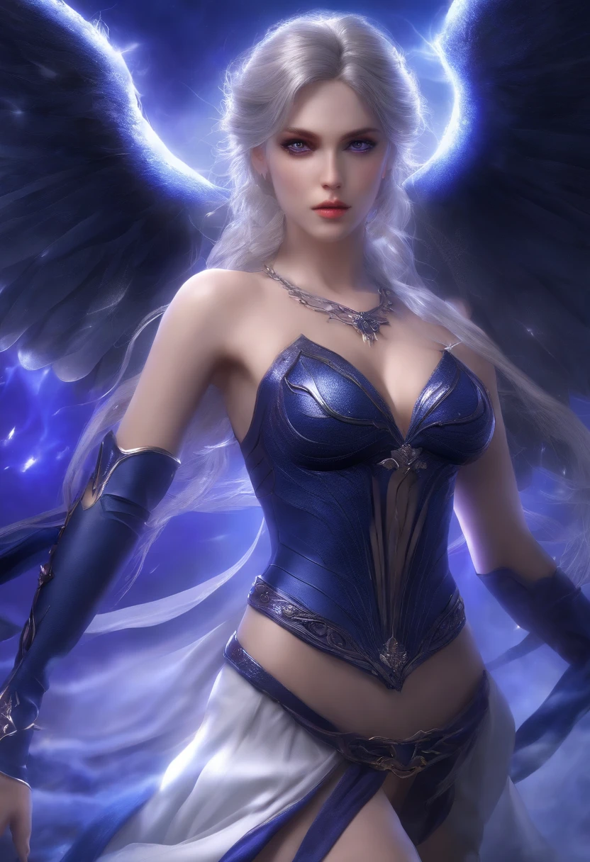 Gewitter, finstere Nacht, Angry young goddess of darkness in a sparkling dark blue and purple fantasy moondress with wings floating in the storm, in her hand she holds a black flame, ihre Augen leuchten grell, dark blue flashing wings, grelle Blitze und Funken, Anime Goddess of Darkness, Unreal-Engine-Rendering + a goddess, 3-D-Rendercharakter Kunst 8 K, render of a cute 3d anime girl, 3D-Unreal-Engine, Anime sehr detailliert, 8k hochwertige detaillierte Kunst, Goddess of Thunder. Extrem hohe Detailgenauigkeit, photorealistic anime girl render, Dark Gods