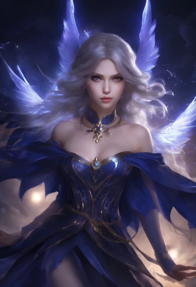 Gewitter, finstere Nacht, Angry young goddess of darkness in a sparkling dark blue and purple fantasy moondress with wings floating in the storm, in her hand she holds a black flame, ihre Augen leuchten grell, dark blue flashing wings, grelle Blitze und Funken, Anime Goddess of Darkness, Unreal-Engine-Rendering + a goddess, 3-D-Rendercharakter Kunst 8 K, render of a cute 3d anime girl, 3D-Unreal-Engine, Anime sehr detailliert, 8k hochwertige detaillierte Kunst, Goddess of Thunder. Extrem hohe Detailgenauigkeit, photorealistic anime girl render, Dark Gods