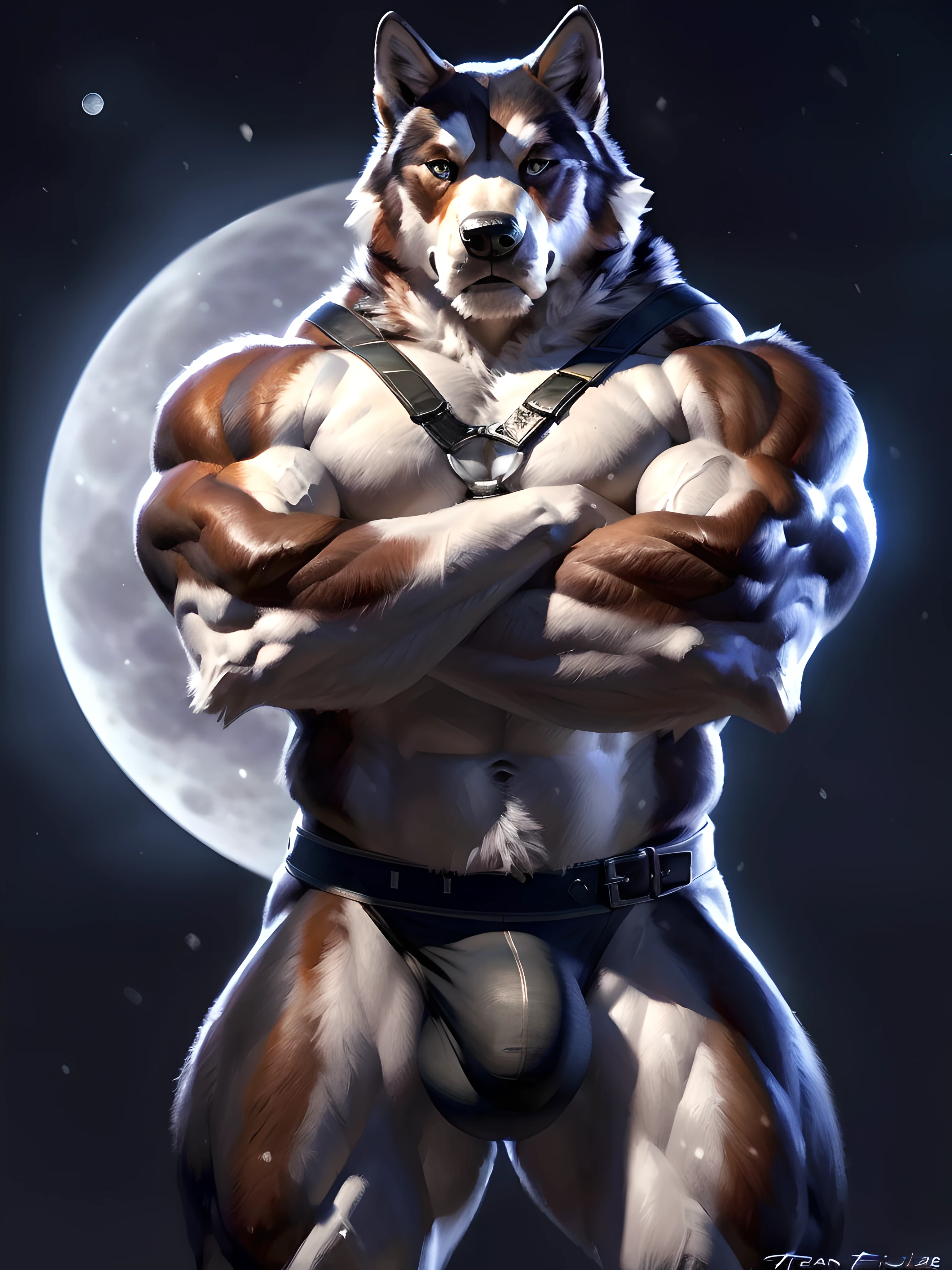 muscular malamute posing for the camera, wearing harness. 4k, high resolution, best quality, perfect colors, perfect shadows, perfect lighting, posted on e621, anthro body, malamute, (solo:1.1), male, matured, adult, very masculine, (very muscular, very buff, strong biceps, heavyweight, thick build:1.5), correct anatomy, (photorealistic fur, detailed fur, epic, masterpiece:1.2), (black background, no background:1.1), (huge full moon:1.5), (snow:1.3), (by Taran Fiddler), (by echin:0.6), (detailed malamute eyes, detailed face:1.2), serious face, (proud posture, strong posture:1.1), (shiny muscles:1.2), short fur, (half body, looking at camera:1.2), (detailed black harness:1.1), (tight underwear, large belt, sturdy belt, detailed belt, detailed underwear, big bulge:1.1), (black underwear:1.5), dim lighting, gruff face, gruff design, (clenched fists:1.1), (arms crossed, front view:1.4),