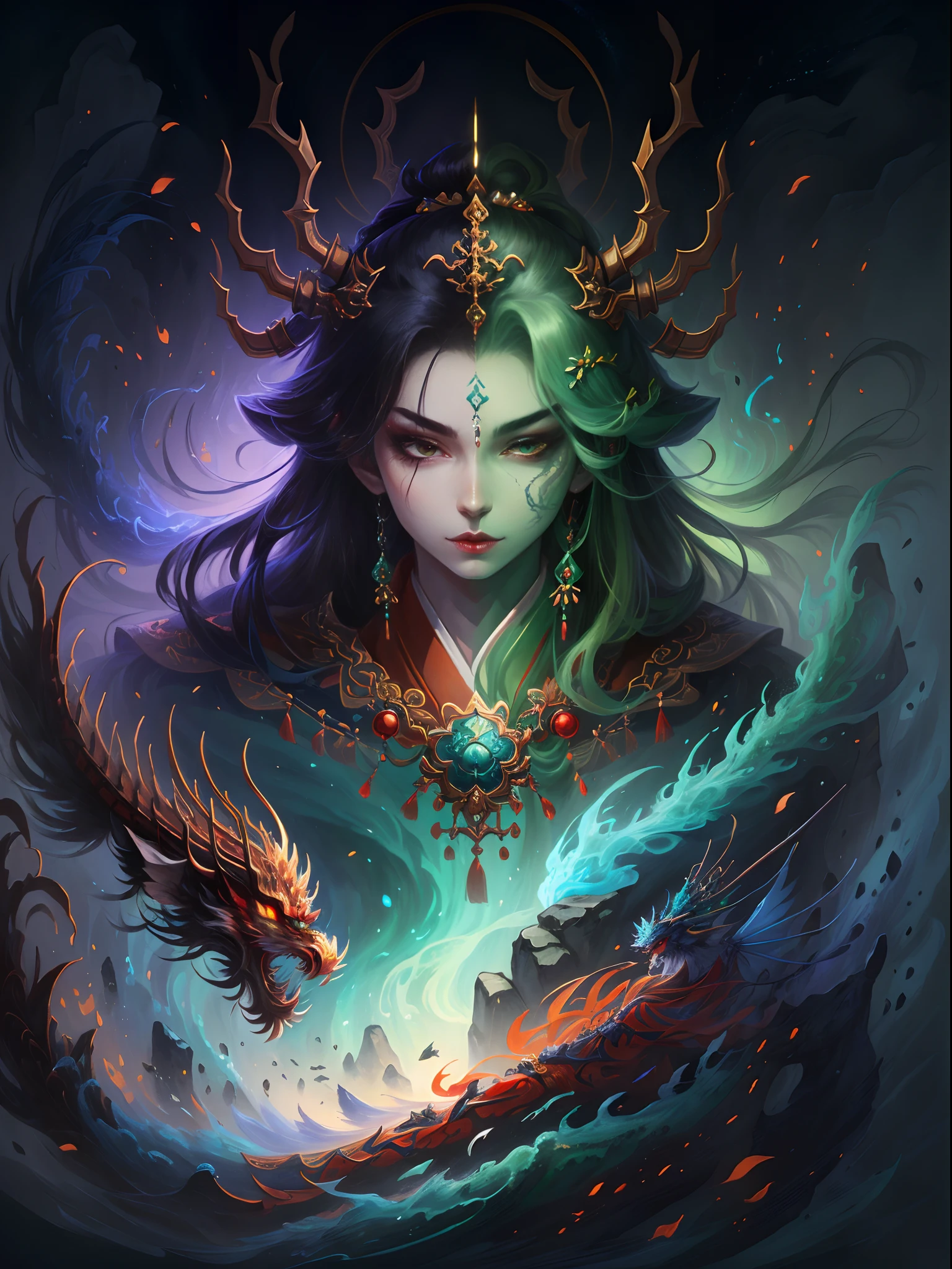 Photorealsitic,true to life,Close-up of the long-horned blue dragon, Red and green combination,Onmyoji detailed art, Detailed digital 2D fantasy art, asura from chinese myth, onmyoji portrait, chinese dragon concept art, chengwei pan on artstation, 4k highly detailed digital art, 4K detailed digital art, drak