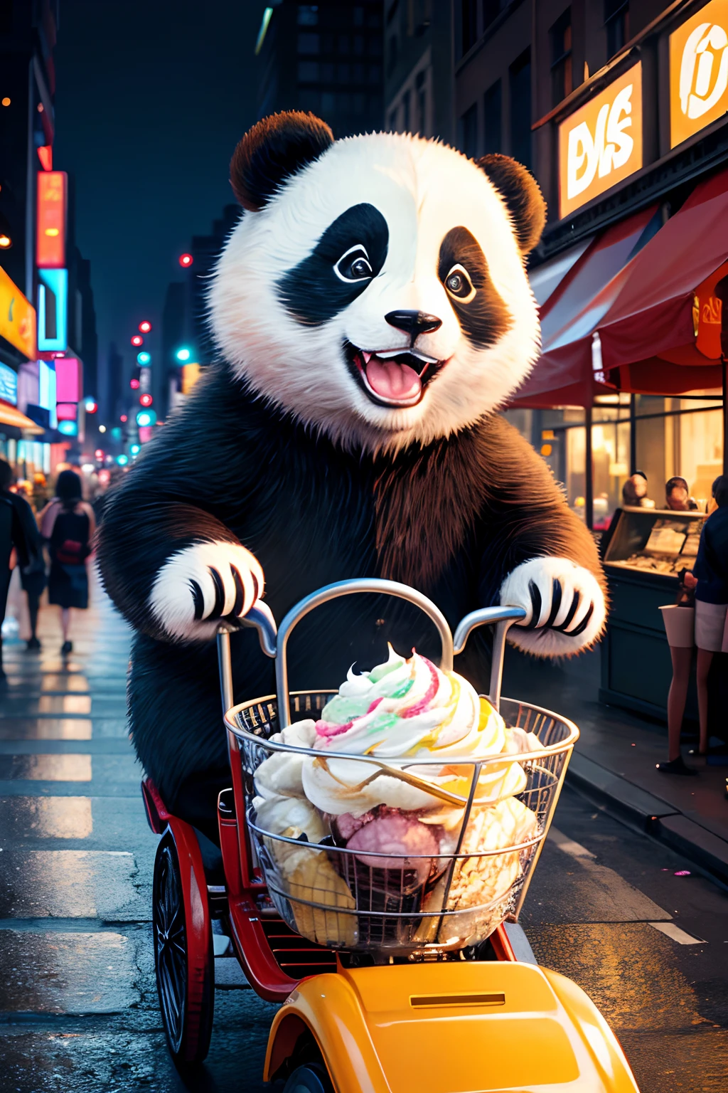 Illustrate a photorealistic scene of a cheerful panda transformed into an ice cream seller in new york, panda wear summer outfit, pushing a cart on a bustling city street at nighttime. The city lights cast dramatic glows and reflections, enhancing the atmosphere, smoke effect, dramatic lighting, crowded street with people, The panda should have a beaming smile and a sense of joy while serving ice cream to delighted customers, ultra detail, high quality, 4k