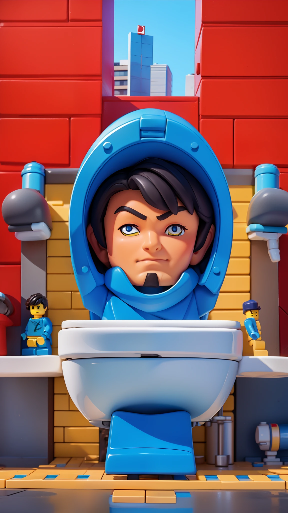 Lego Movies. (Giant Head in Toilet, in street), (building background).