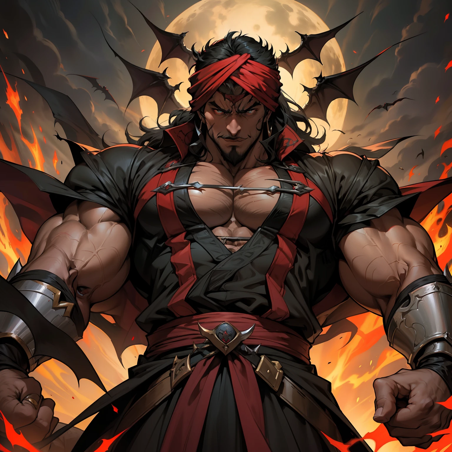 Castlevania Hyper Realistic Shadow Lord Super Detailed Dynamic Shooting Lord Dracula Centerpiece Angry Demonic Form Medieval Arab Warrior with Red Turban Scary Face Hokuto No Ken Structure Muscular Face Kenshiro Portrait Zoom Super Detailed Face