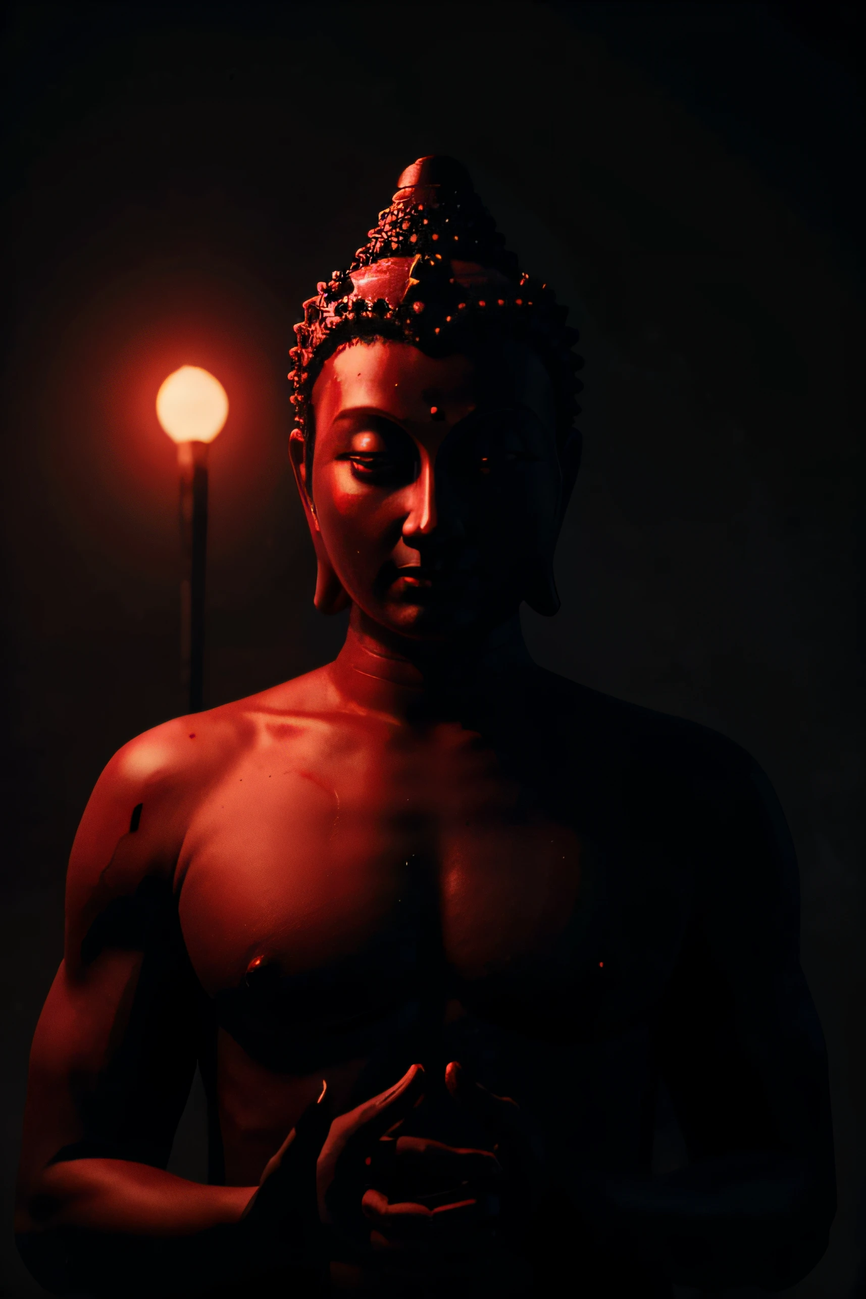 dark realistic mysterious buddha with red eyes, 8k wallpaper in dark style