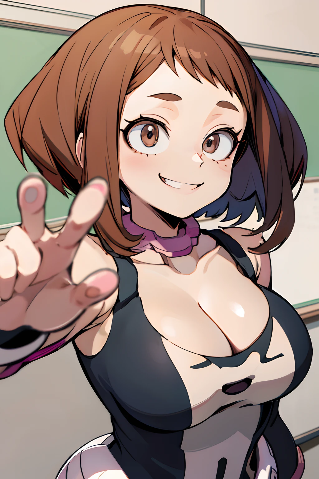 masterpiece, best quality, highres, ochako uraraka, solo, ((portrait)), detiled eyes, big boobs, classroom, ((cleavage)), ((evil smile))