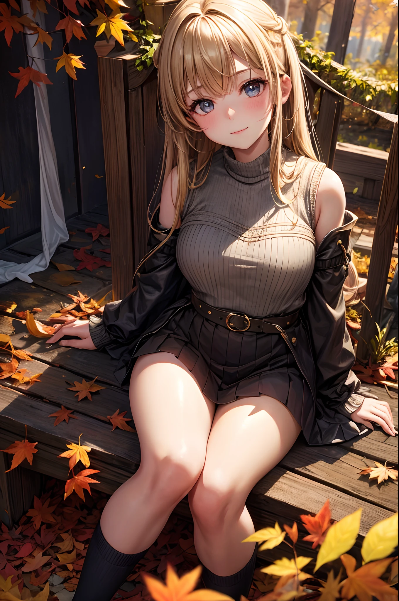 masuter piece, Best Quality, Realistic anime、8K Wallpapers, (beautidful eyes), ((Beautiful)), (lovely) ,(((1girl in))),(Angle seen from above)、23years old,(Anime girl lying on the ground in a leaf, 🍁 (Blonde long ponytail))、large full breasts、Soft light、(embarrassed from)、(grey miniskirt、(Wearing black pantyhose)、(Skirt rolled up)、Knitted tops)、Stretch both legs
