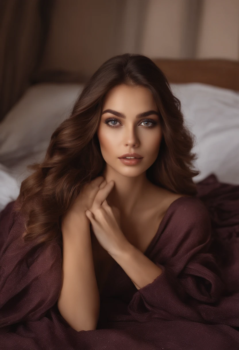 Arafed woman completely , italienne fille aux yeux bruns, ultra realist, Meticulously detailed, Portrait Sophie Mudd, cheveux bruns et grands yeux, selfie of a young woman, Dubai Eyes, Violet Myers, sans maquillage, maquillage naturel, looking straight at camera, Visage avec Artgram, Maquillage subtil, Great photo of the whole body kneeling on the bed, dans la chambre, Medium to large bust