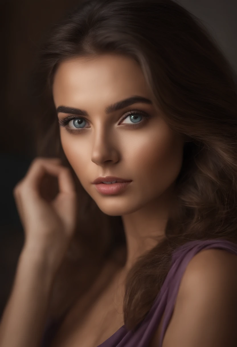 Arafed woman completely , italienne fille aux yeux bruns, ultra realist, Meticulously detailed, Portrait Sophie Mudd, cheveux bruns et grands yeux, selfie of a young woman, Dubai Eyes, Violet Myers, sans maquillage, maquillage naturel, looking straight at camera, Visage avec Artgram, Maquillage subtil, Great photo of the whole body kneeling on the bed, dans la chambre, Medium to large bust