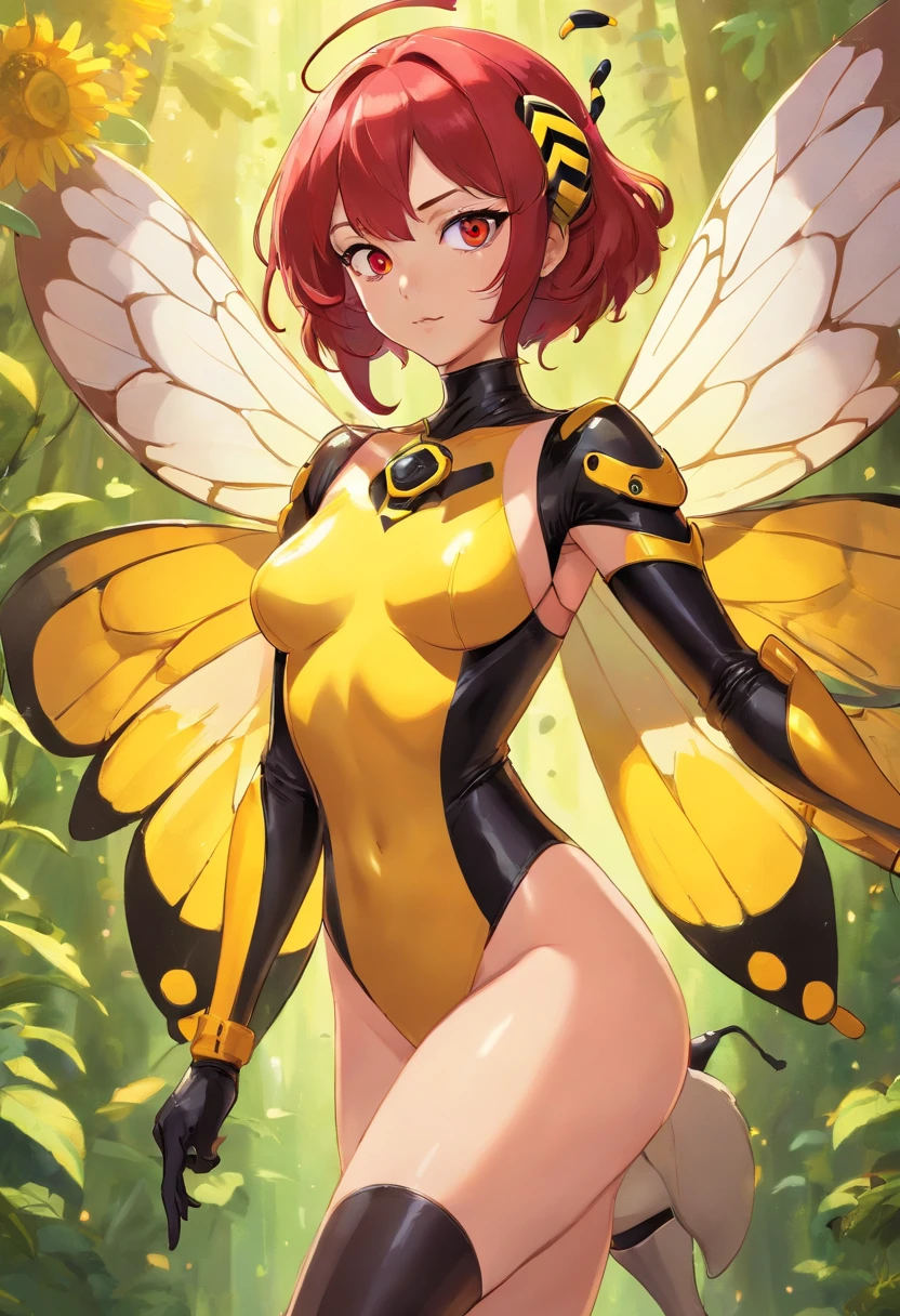 Sexy female villain, bee themed bodysuit, latex, bee wings, stinger, red compound goggles, high heels, sexy, pornographic