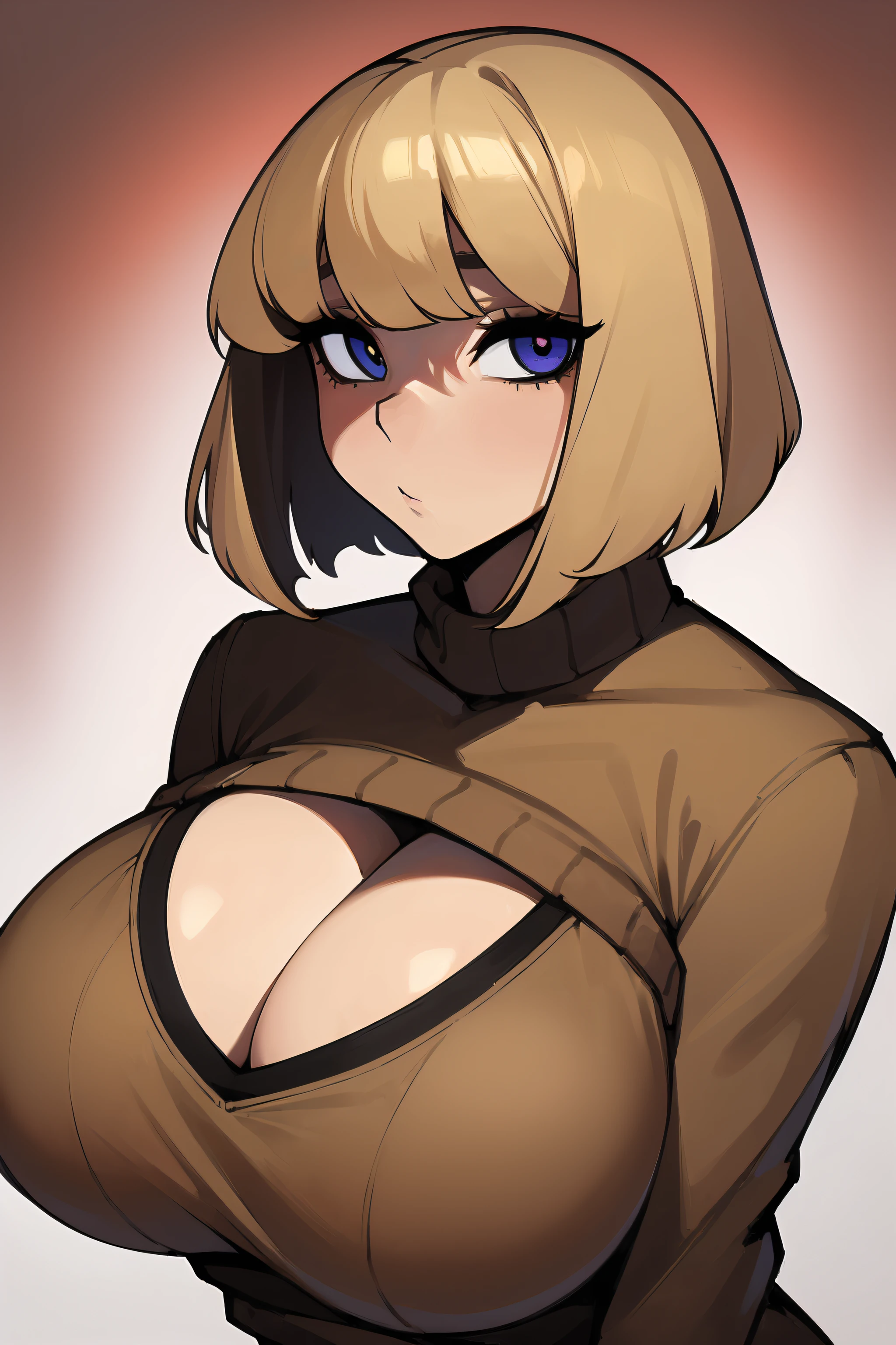 ((Best quality, 8k, Masterpiece :1.3)), 1girl, Pretty woman with slender abs :1.3, (Medium-short hair, Huge breasts :1.2), (brown sweater:1.1), Ultra-detailed face, Detailed eyes, Double eyelid