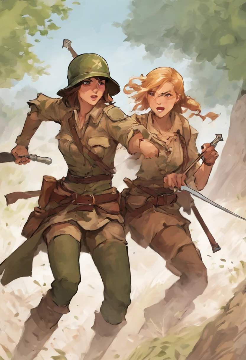 Two female soldiers fighting each other in the trench, tank top,
