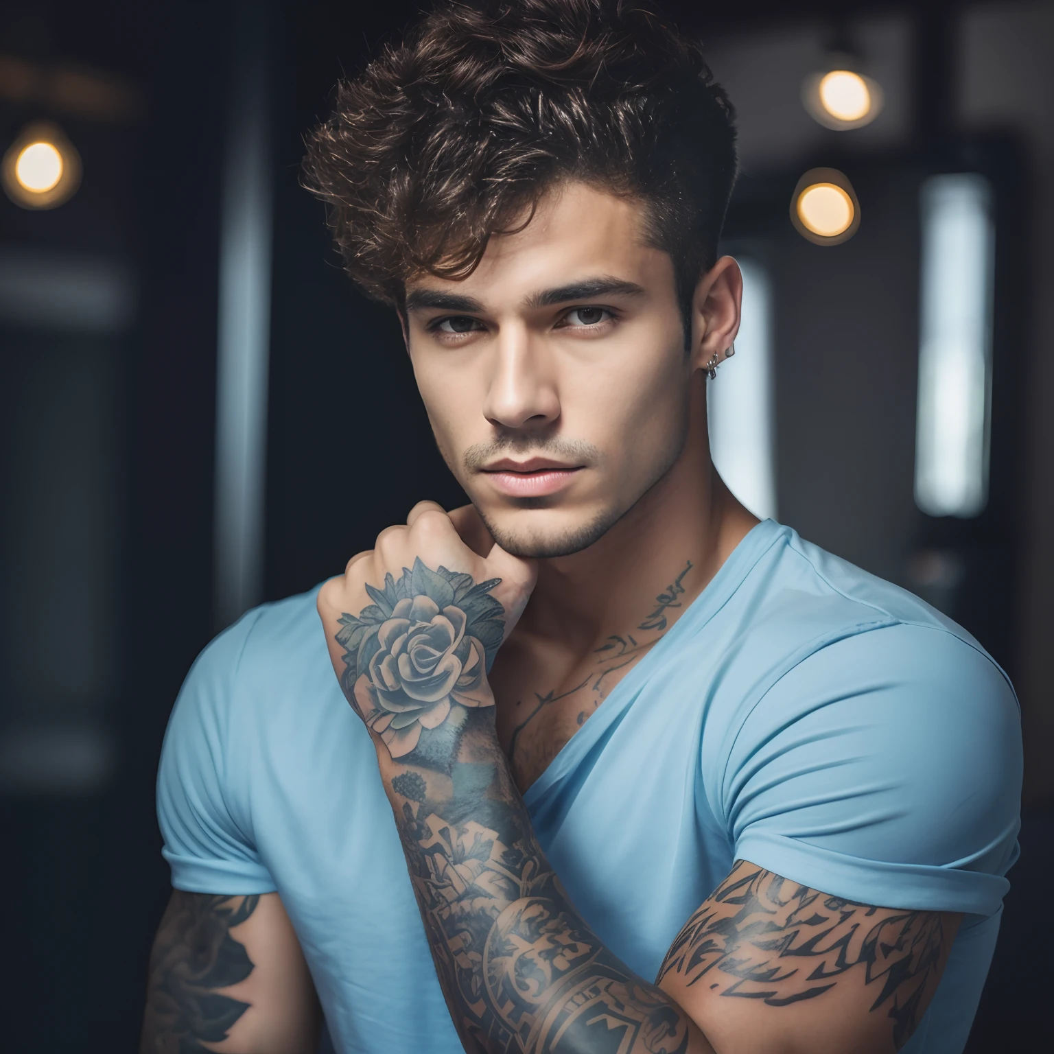 Man with a tattoo on his arm and a blue shirt, jovem bonito, fotografia de uma tatuagem de manga, Homem musculoso com pele bronzeada clara, Jovem com rosto bonito, macho atraente, homem atraente, modelo masculino, retrato do homem bonito, com tatuagens, foto de retrato, Macho bonito, homem bonito, square jawline, rosto detalhado, modelo masculino, cabelos castanho e olhos azuis, Rodrigo Guirao 8k