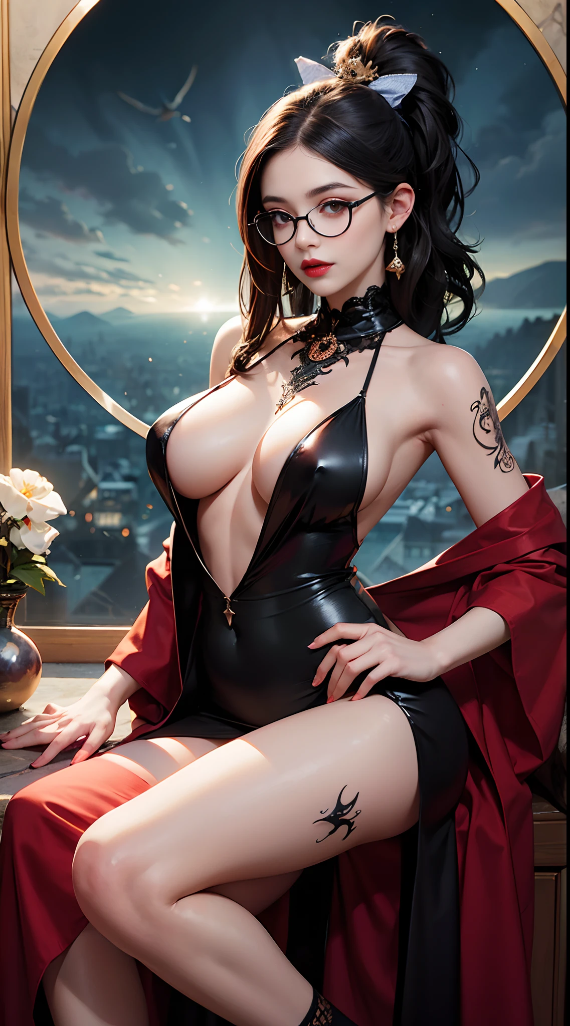 1 beautiful devil woman from hell, surreal female portraits by David Hockney and Alphonse Mucha, Fantasy Art, Chinese Doll, Photorealism, Dynamic lighting, art stations, poster for, Volumetric lighting, Intricate tattoos on the face with highly detailed details, demonic intricate tattoos, thigh tattoos, body tattoos, 8k ultra, Awarded, In the Dark, lowkey, cowboy lens, (Black Phoenix Dress: 1.0), Long hair, Black hair, Bust, Devil's Palace, devil crown, red eyes make up very sharp and detailed, The most beautiful face, 、((((black-rimmed round glasses))))、 Super tight breasts, Breast augmentation surgery, The breasts are very big and round and round, Super realistic, Black Dark Magic Dress, Charming smile, The eyes are very well made up, ((Red Eye:1.0)), guweiz, devil style, wearing black mesh socks, Ponytail with a bow tied at the back of the hair, plump beautiful red lips, wearing a thin red and black robe, Hands pull the straps to expose sexy breasts, the landscape is overcast and thunderous, Beautiful female demon portrait, Protagonist Close-up、intricate tattoos, demonic intricate tattoos, thigh tattoos, body tattoos, (Detailed spooky backgrounds:0.8), nffsw, nffsw, The 8k quality, detailed pixel, Meet beautiful girls, Look at the girl's body, ((((black-rimmed round glasses))))、Portrait of a woman dressed in black magic clothes、