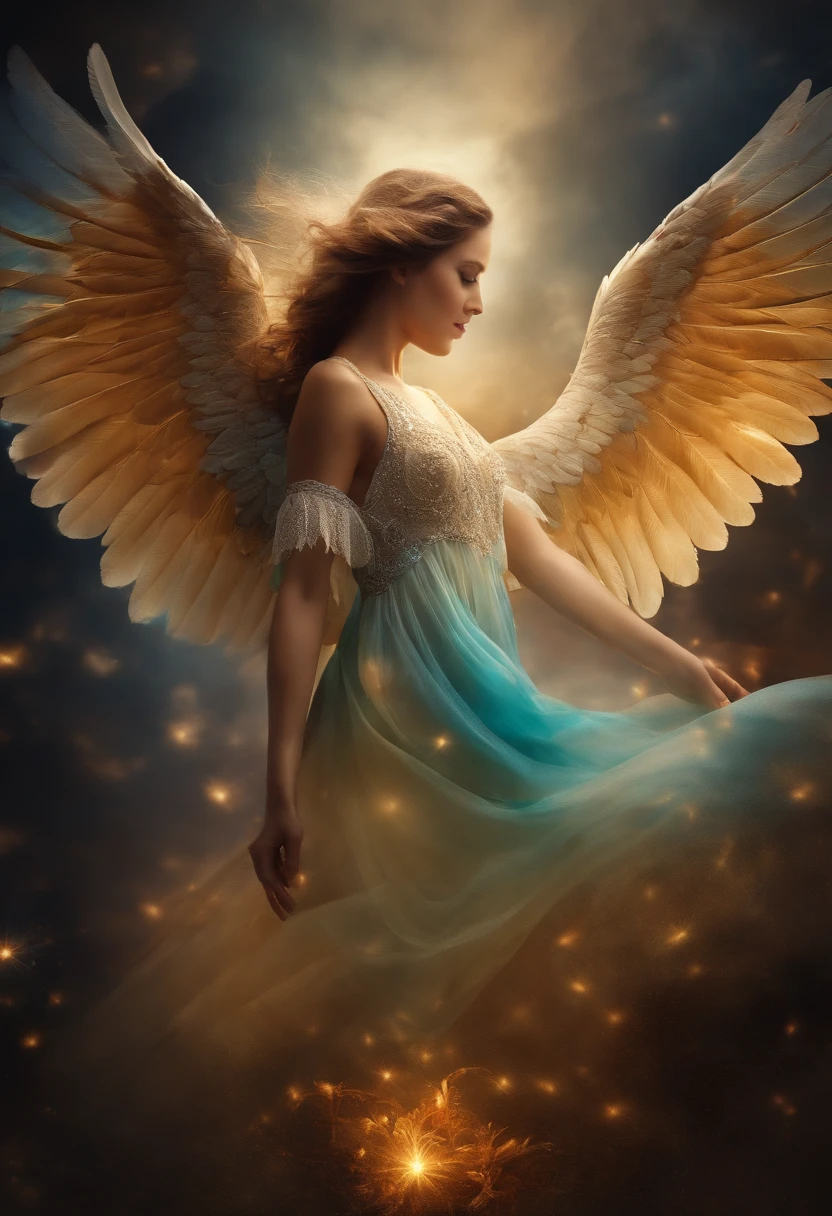 create an flying angel with a pair of wings who deliver a gift box enlaced to a person who stand for him
