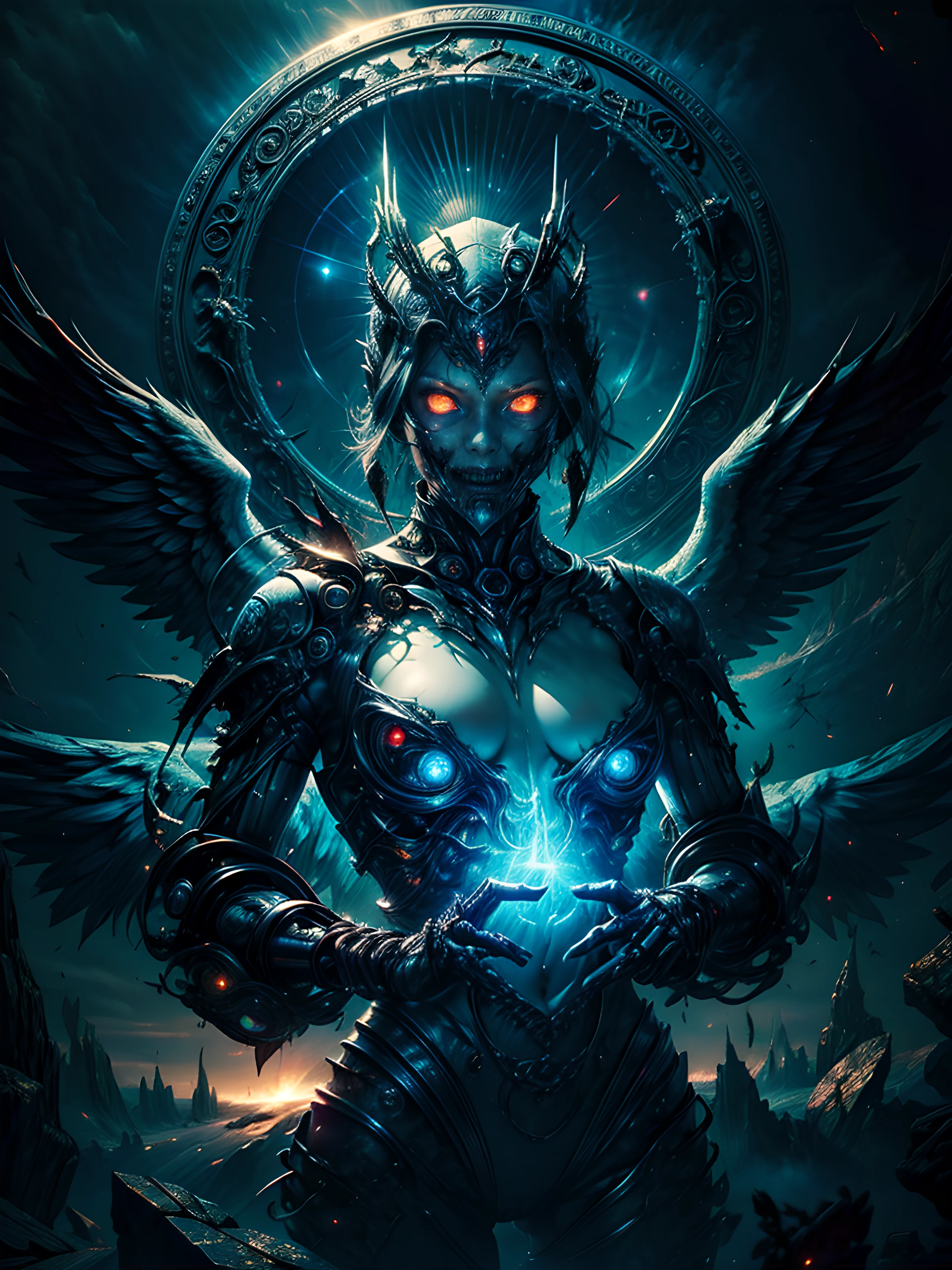 (best quality,4k,high-res,masterpiece:1.2),ultra-detailed,realistic:1.37,cosmic fallen angel,glowing light eyes,biomechanical,eerie,creepy,brightly-colored,light particles,light glowing,mystical,medieval clothes,erotic