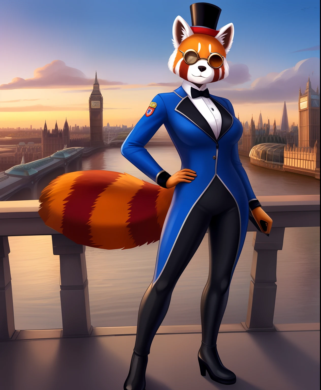 The Wanderer the female red panda supervillain, British themed supersuit, top hat, monocle, holding an umbrella, London in the background, full body view