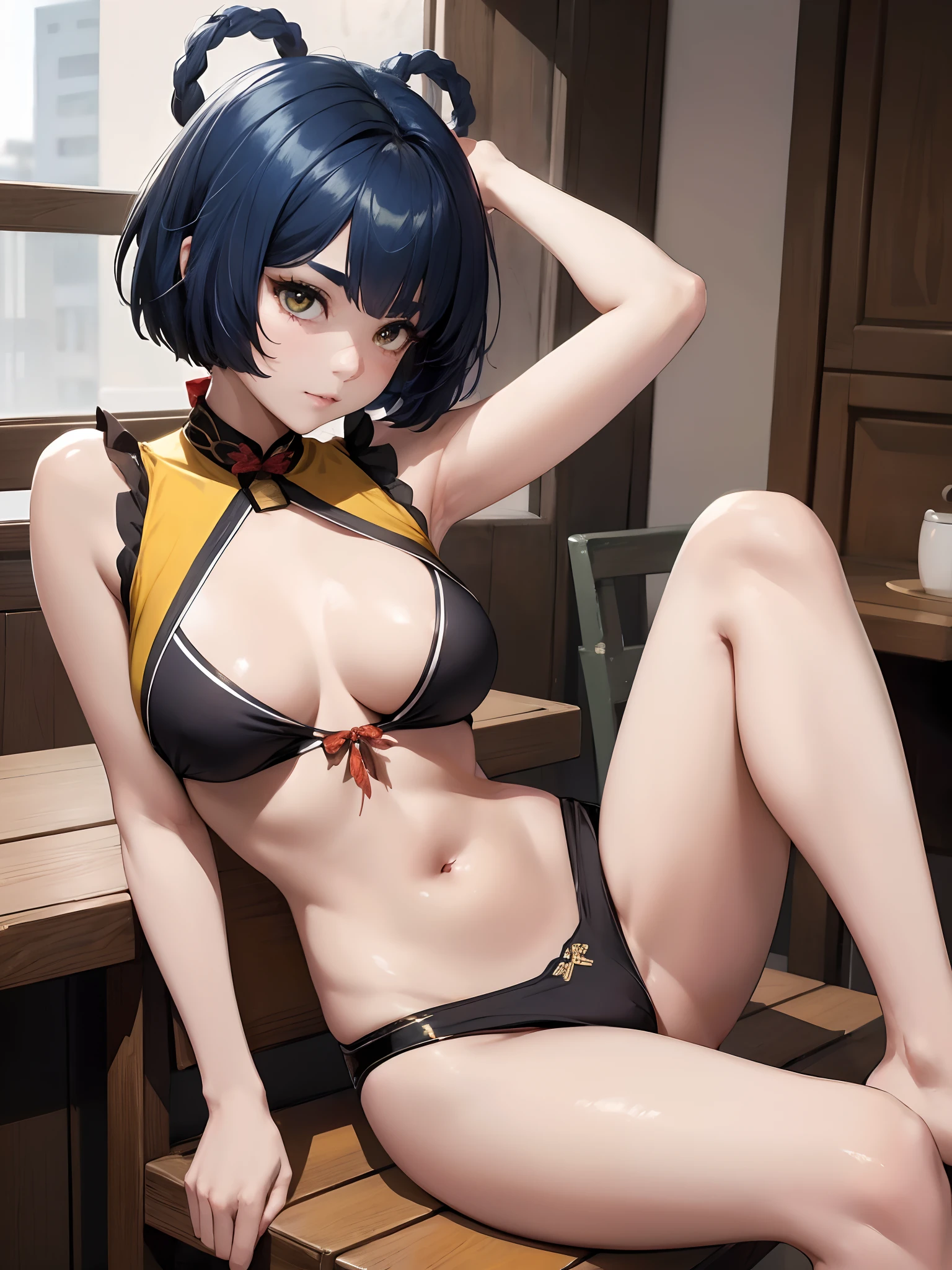 ((top quality, 8k, masterpiece: 1.3, ultra hd, high quality, best quality, high definition, realism)), sharp focus: 1.5, close viewing distance, Beautiful Chinese girl with thin and skinny body, small breast, dark blue short hair, yellow eye color with light gradations, Small breasts, Tight black bikini, Being in the kitchen, Seductive pose on chair with both legs wide open showing her pubic, Armpit, The pubic shape is clearly visible, Both legs opened wide showing her pubic.