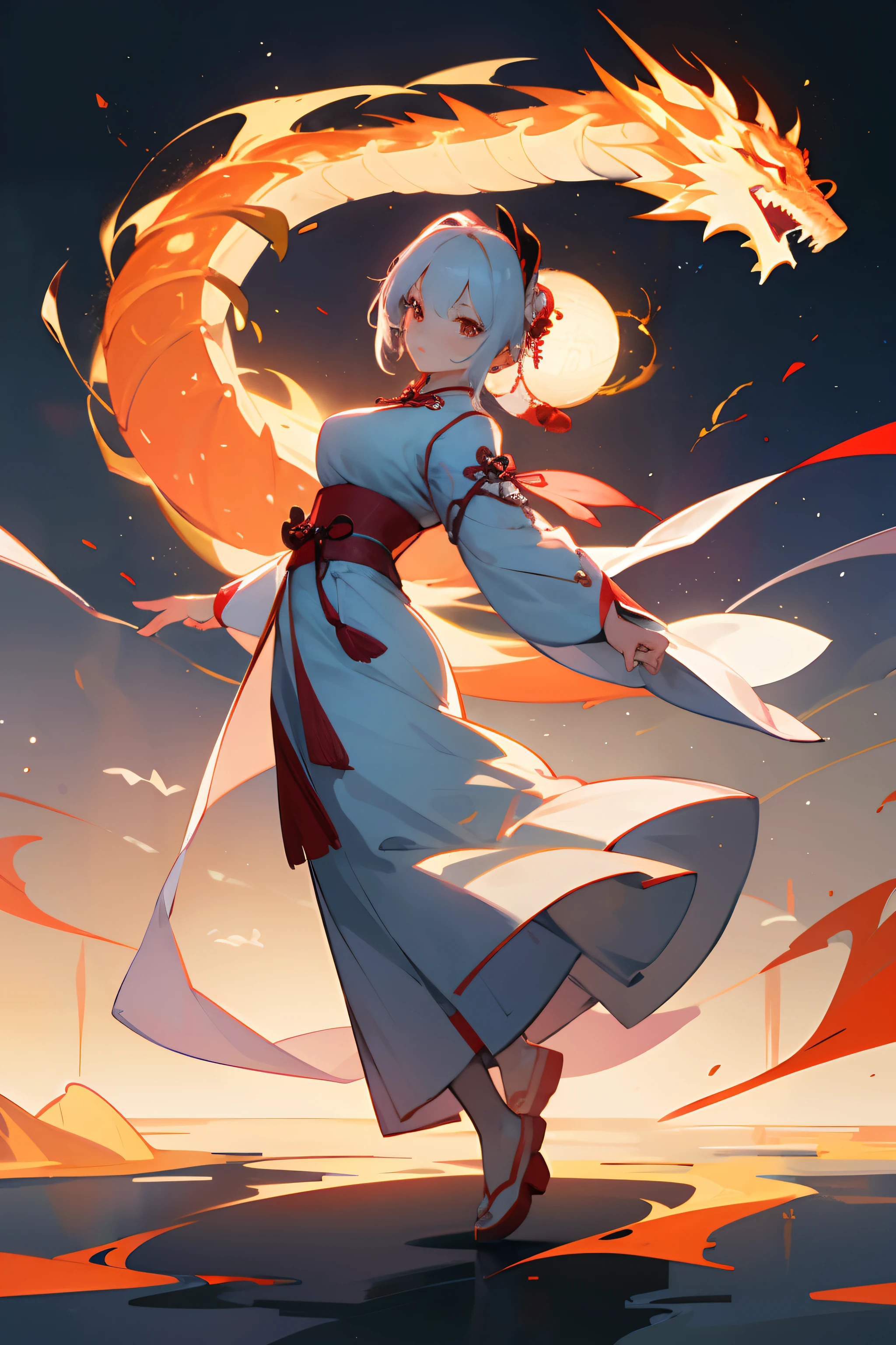 A girl in a short Chinese costume dress，White Hanfu，Standing and dancing，The surroundings are decorated with white lanterns， In the background is a Chinese dragon circling around its body（There are flames around the dragon），Stepping on the ground creates flames