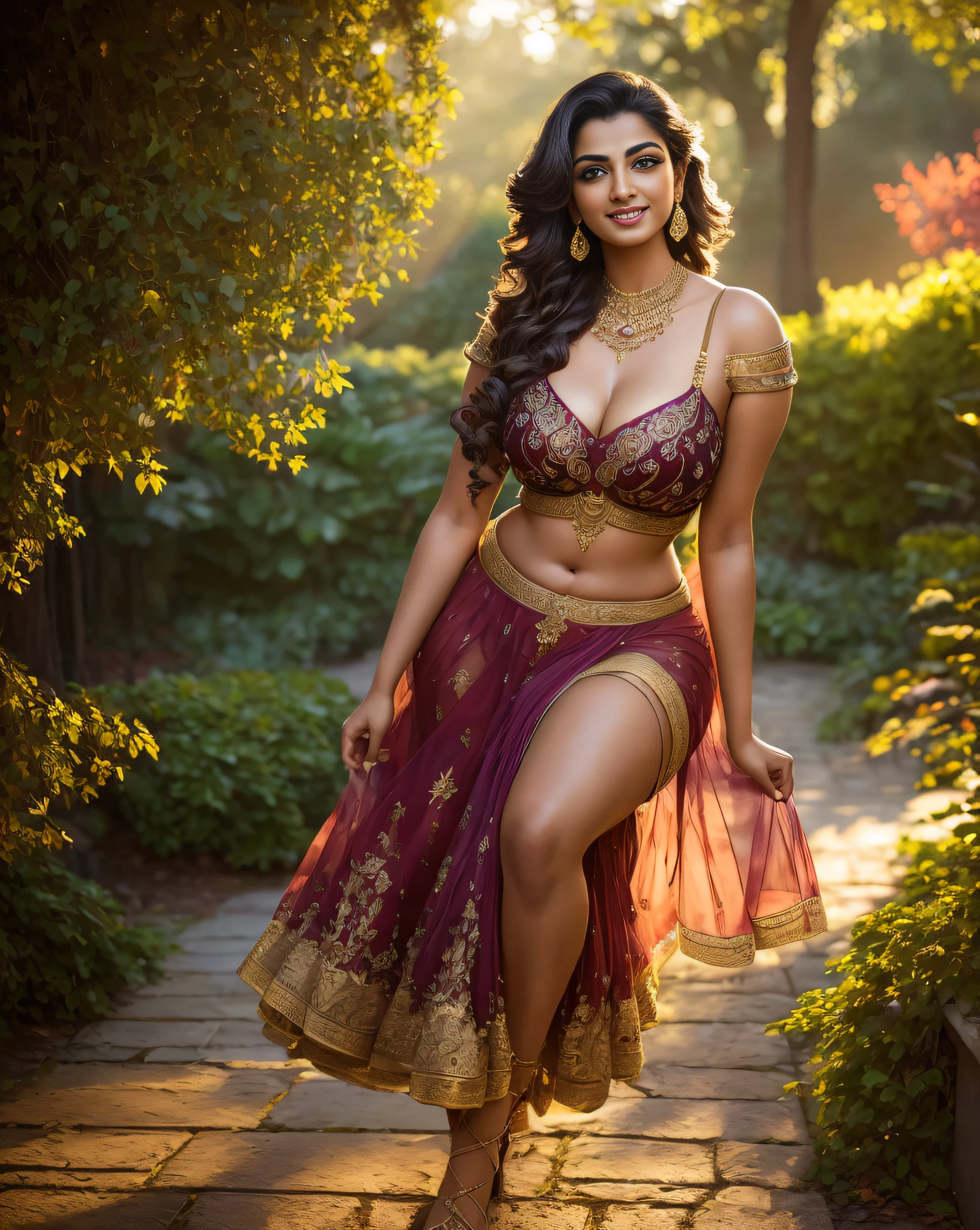 (masterpiece portrait photography:1.4) of a alluring sexy curvy tall supermodel Suhasini Iyer, posing in a garden , wearing beautiful, wearing ornate skirt and bralette, ornate venetian garden, heels, arms over head, armpits, (big flowing backlit hair), vivacious, lustful glance, exhilarated (captivating kohl lined eyes:1.1) , (seductive smile:1.3) soft dramatic lighting, falling leaves and flowers bokeh, key lighting backlit, light rays, highly detailed, trending on artstation, paint splashes, rich colour, wind all around, abstract portrait, by Ron hicks