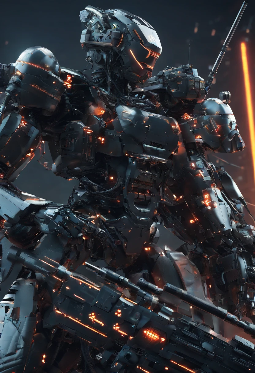 Mecha warrior,((Mechanical soldiers,Templated basic equipment:1.3)),Alone,frontage,((Tactical helmets,Mechanical headphones,Combined telescopic and folding protective cover,Electric heat gun，its tip will heat up and turn red,There is a line extending from the backpack，Mounted on the rear of the weapon,The backpack is a rectangular battery backpack,High detail backpack)),（（lead black shell,Exoskeleton mech,The mecha is half-covered and half-exposed，Silver metal frame and pipe:1.4））,HUMANOID MACHINERY,mechanicalparts,(the golden ratio:1.2),Works of masters,[(white backgrounid:1.4)::10](meticuloso), (Complicated details),