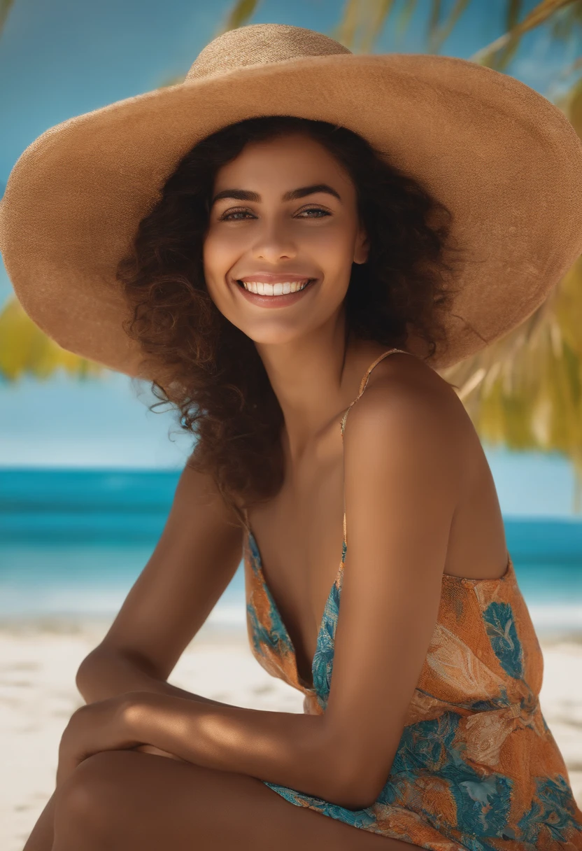(best quality:1.2,highres,ultra-detailed),(realistic:1.37),a woman in the beach,black long hair,chicano-inspired atmosphere,vibrant colors,bold art,portrait,beachy colors,lively scene,sun-kissed skin,bokeh,fierce gaze,tropical vibes,colorful background,waves crashing,relaxing mood,natural lighting,warm tones,summer fashion,sand between her toes,beach umbrella,seagulls flying,windy day,ocean breeze,swimsuit,coconut drink,happiness,beautiful smile,energy,positive vibes,joy,peaceful scenery,golden hour,serene ambiance,seaside escape,detailed waves,dynamic perspective,playful atmosphere,salty air,refreshing ocean,exotic location,paradise getaway,calm and tranquil,relaxation,summer vacation,creative expression,artistic vibes,surfing culture,intricate patterns,ethnic influence,strong presence,confident pose,unique style.