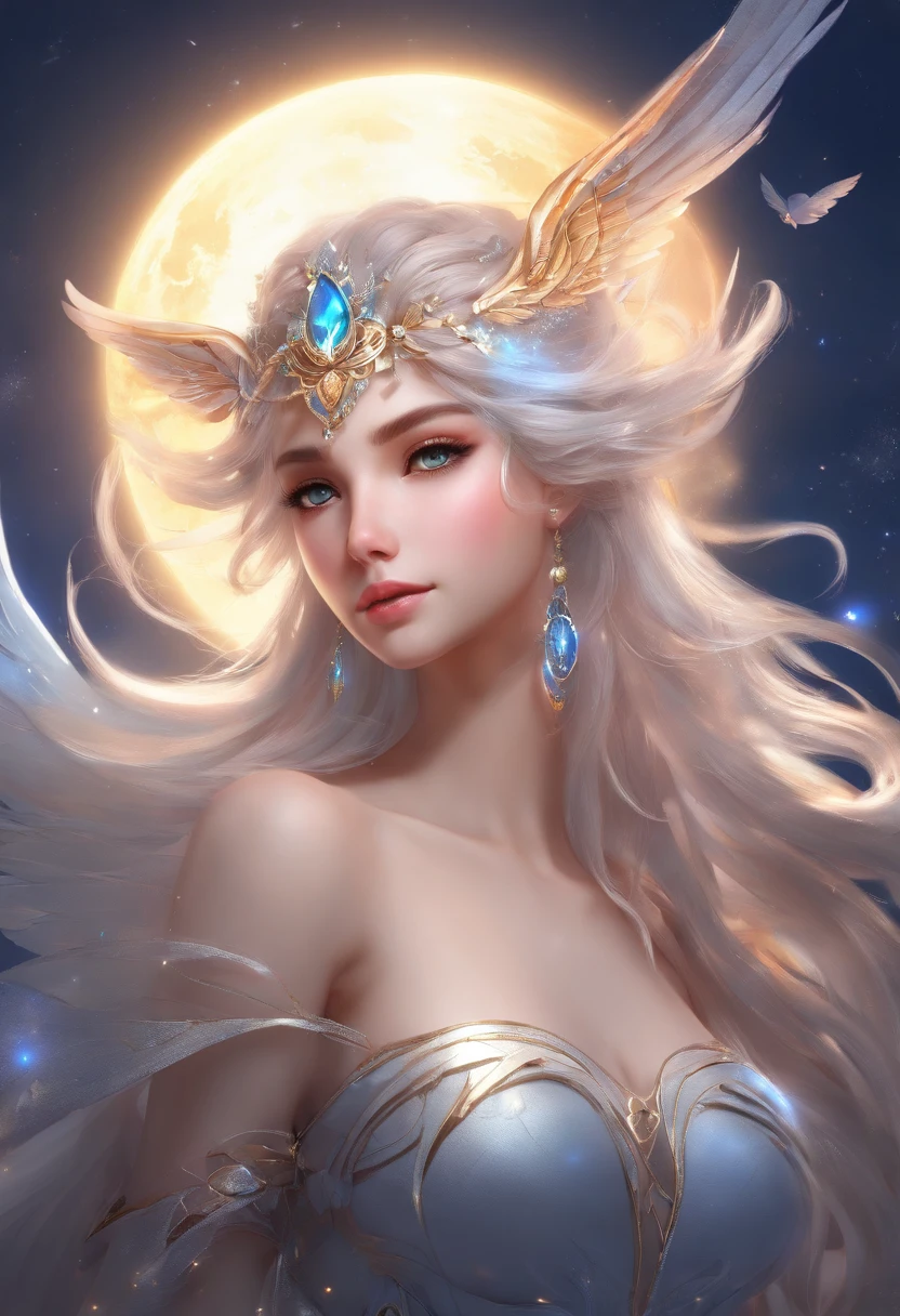 Adorned young goddess of the moon in a sparkling dark blue fantasy moon scarmor with wings and gentle facial features, white glowing angel wings, helle Lichter und Funken, Anime Goddess, Unreal-Engine-Rendering + a goddess, 3-D-Rendercharakter Kunst 8 K, render of a cute 3d anime girl, Artgerm, 3D-Unreal-Engine, Anime sehr detailliert, 8k hochwertige detaillierte Kunst, Goddess. Extrem hohe Detailgenauigkeit, photorealistic anime girl render, Goddess of Light,