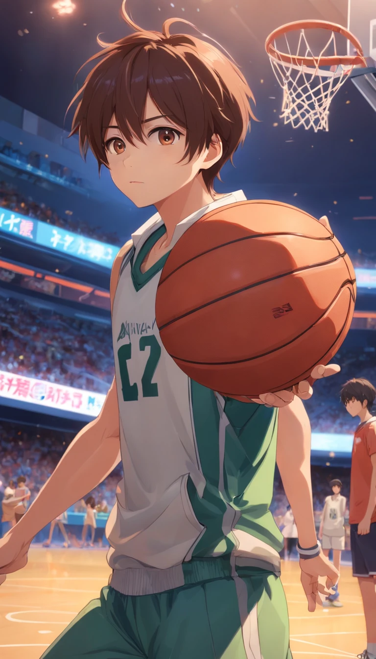 best qualtiy， tmasterpiece， 超高分辨率， realisticlying， 1 boy，Short brown hair，Heterochromic pupils，bodybuilding， track suit，basketball playground，baseball cap，Holding a basketball，Shooting，Blood