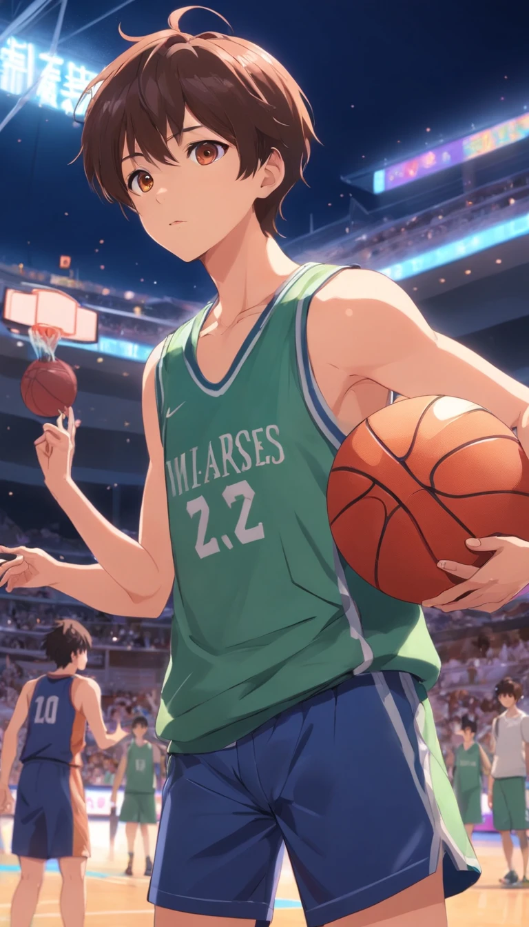 best qualtiy, tmasterpiece, 超高分辨率, realisticlying, 1 boy,Short brown hair,Heterochromic pupils,bodybuilding, track suit,basketball playground,baseball cap,Holding a basketball,Shooting,Blood