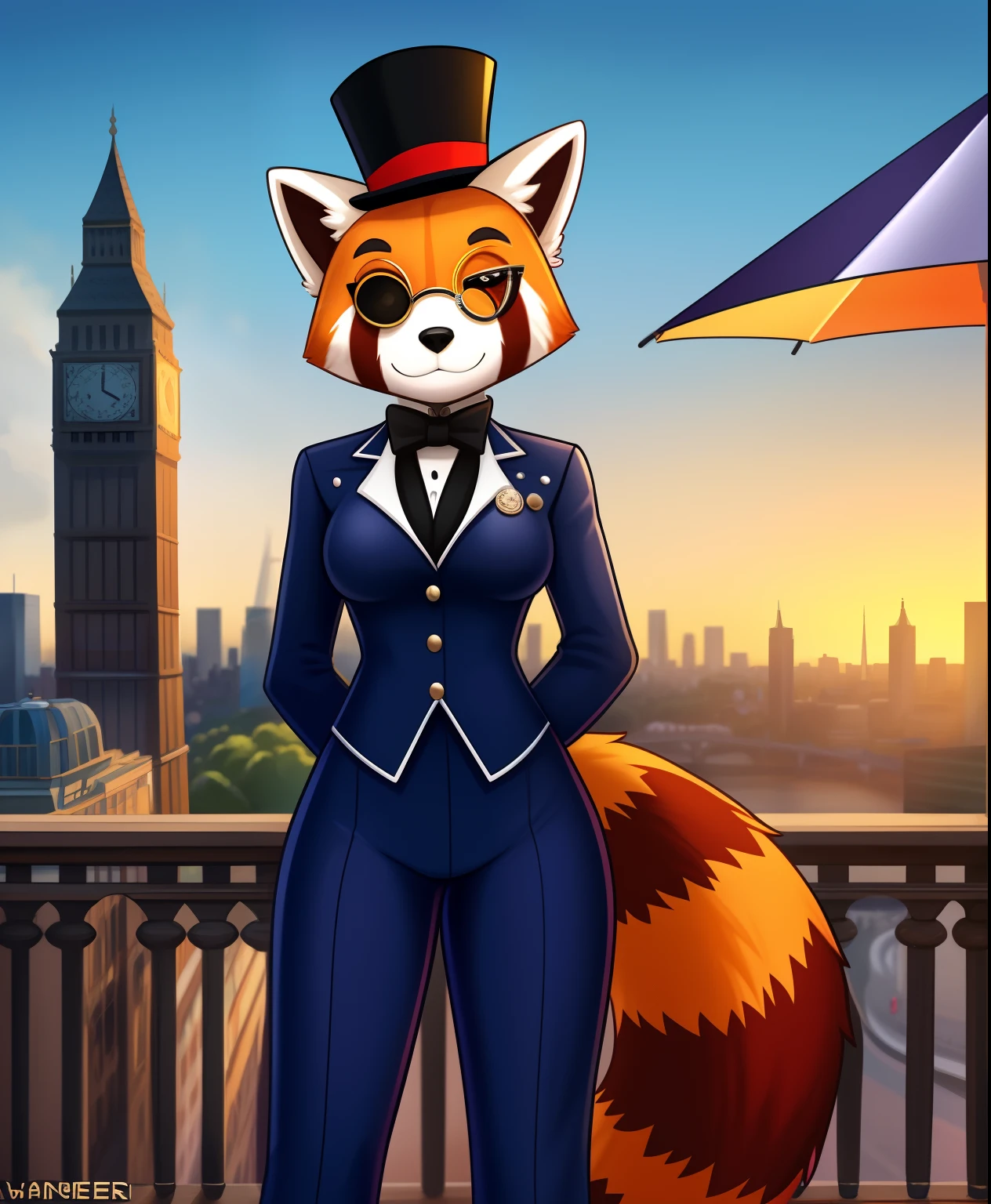 The Wanderer the female red panda supervillain, British themed supersuit, top hat, monocle, holding an umbrella, London in the background, full body view