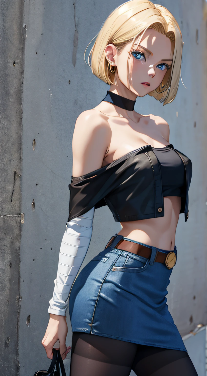 best quality, highres, and18, 1girl, android 18, solo, blonde hair, blue eyes, short hair, earrings, jewelry, denim vest, open vest, black pantyhose, black shirt, denim skirt, striped long sleeves, blue skirt, medium breasts, cowboy shot, street,  (Externally expanded Chest:1.2), (Strapless:1.2), off-the-shoulder,