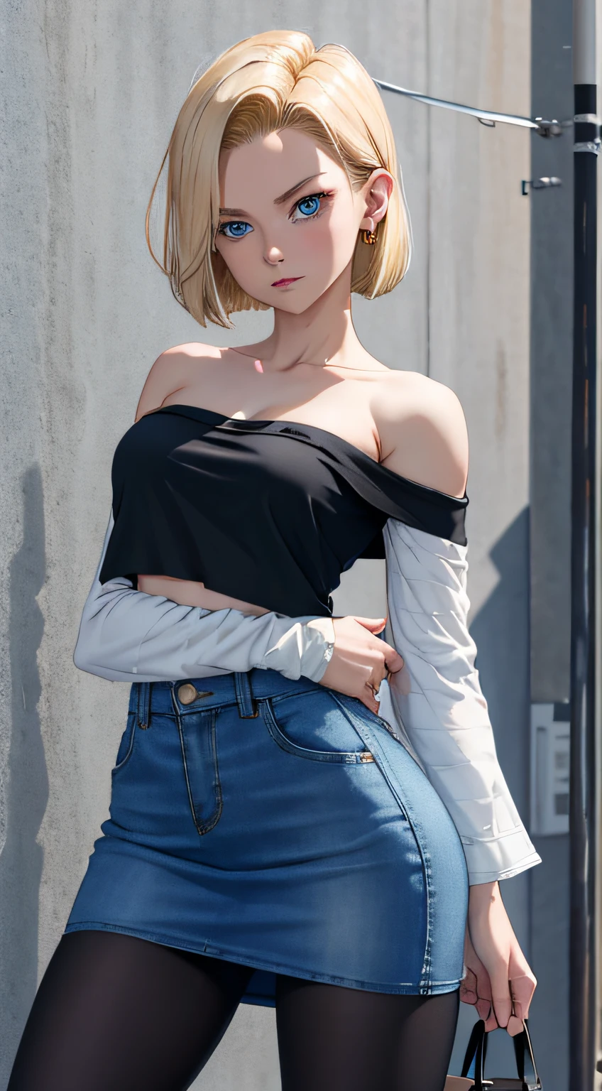 best quality, highres, and18, 1girl, android 18, solo, blonde hair, blue eyes, short hair, earrings, jewelry, denim vest, open vest, black pantyhose, black shirt, denim skirt, striped long sleeves, blue skirt, medium breasts, cowboy shot, street,  (Externally expanded Chest:1.2), (Strapless:1.2), off-the-shoulder,