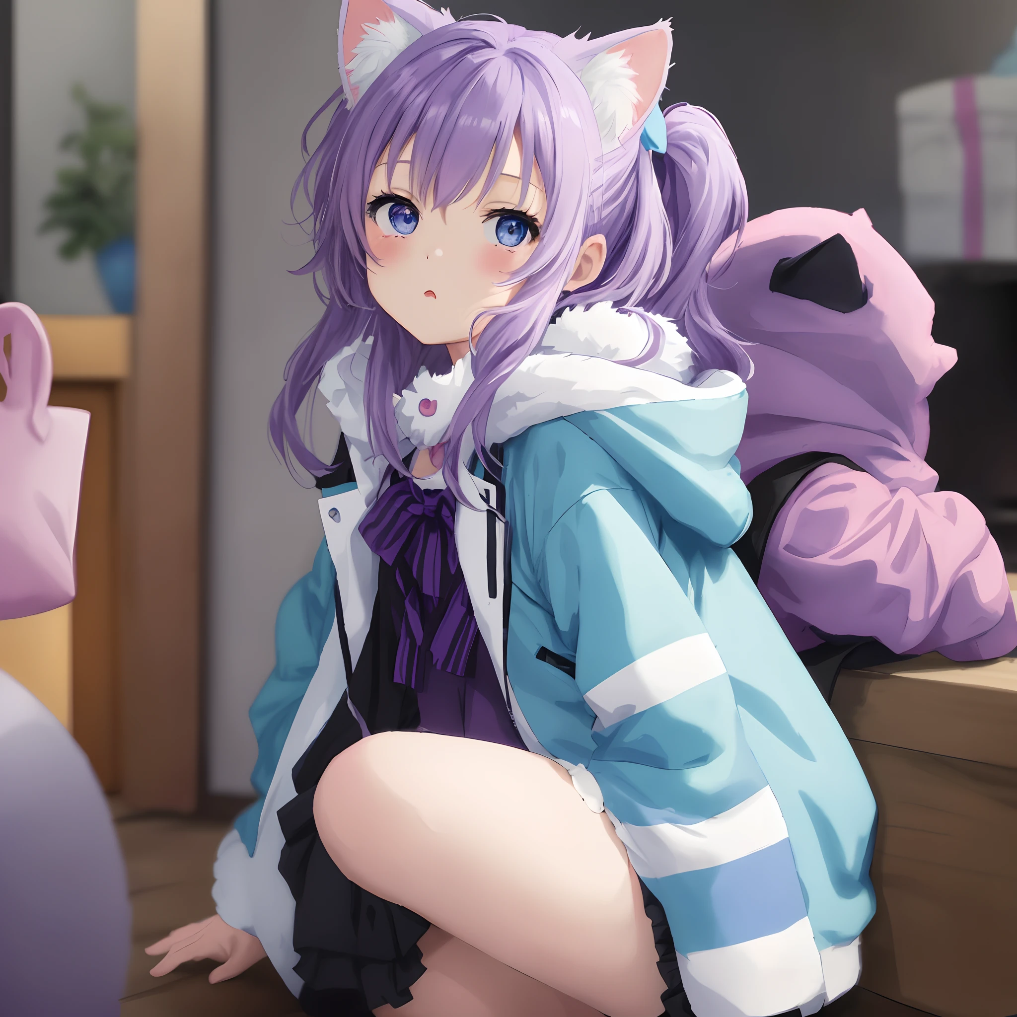 Imagem de um personagem de anime, kawaii menina com cabelo roxo, olhos azuis, Orelhas de gatinho, Pink jacket with a blue bow and white stripes on the sleeve