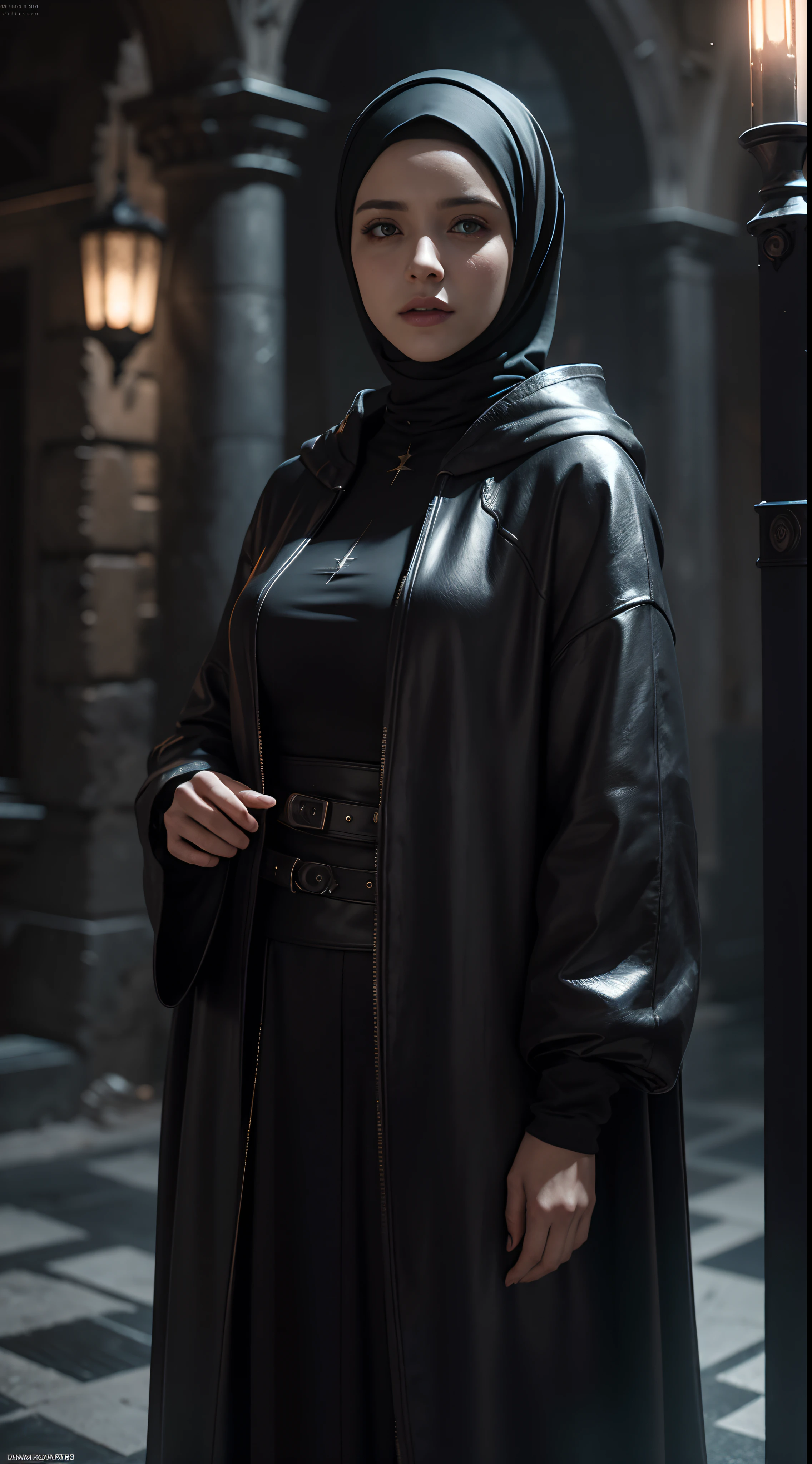 A Cyberpunk Female of Spain as a Hogwarts Character,wear hijab, covered clothes, masterpiece, best quality, photorealistic, cinematic lighting, dark atmosphere, volumetric lighting,