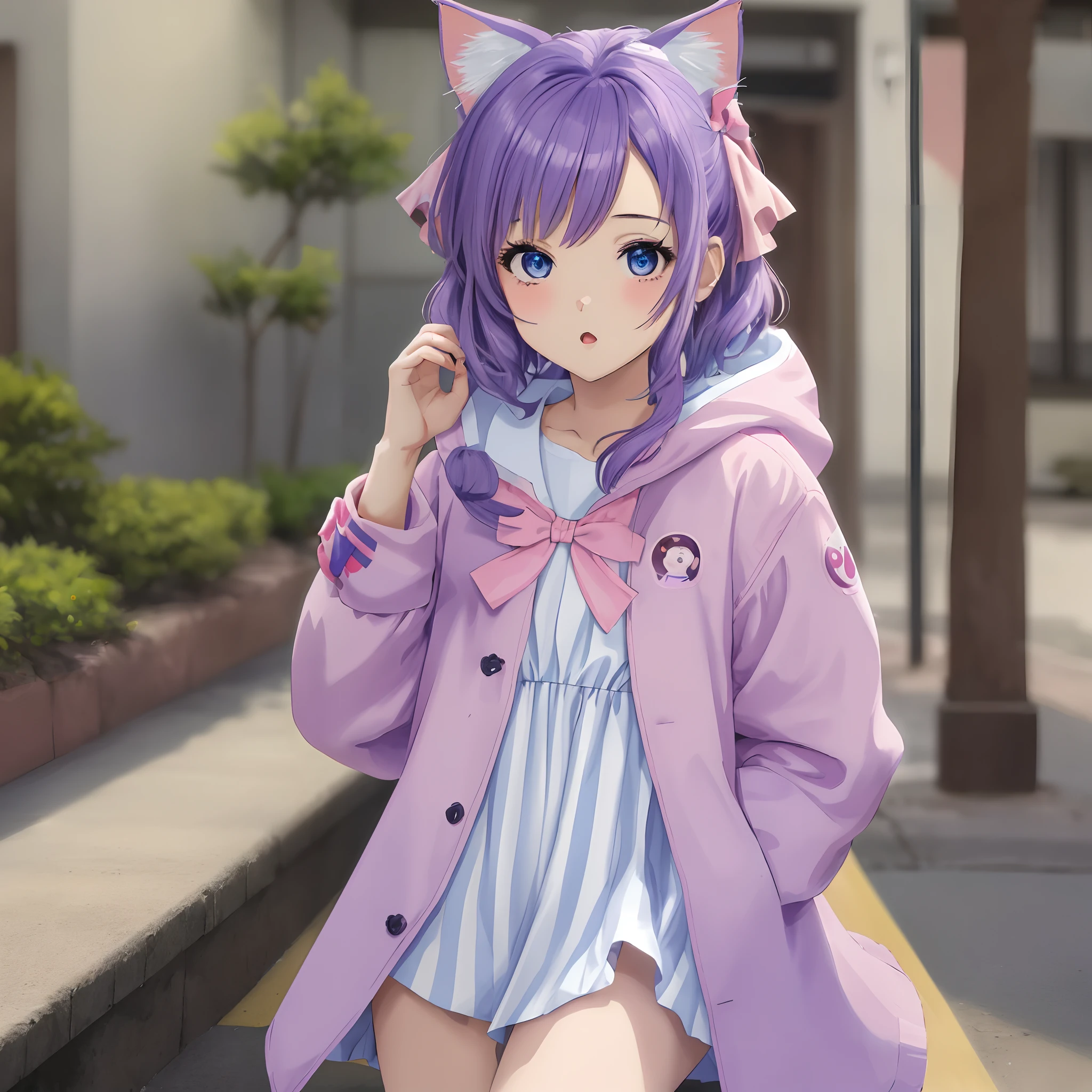 Imagem de um personagem de anime, kawaii menina com cabelo roxo, olhos azuis, Orelhas de gatinho, Pink jacket with a blue bow and white stripes on the sleeve