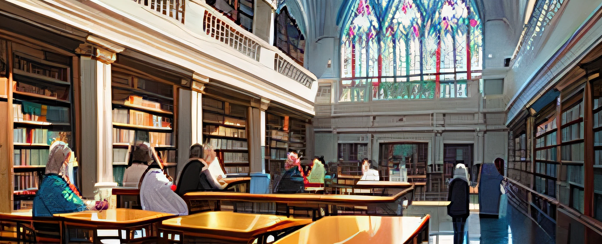 bustling event in the library, showcasing people of various age groups participating in workshops, book clubs, and other engaging activities