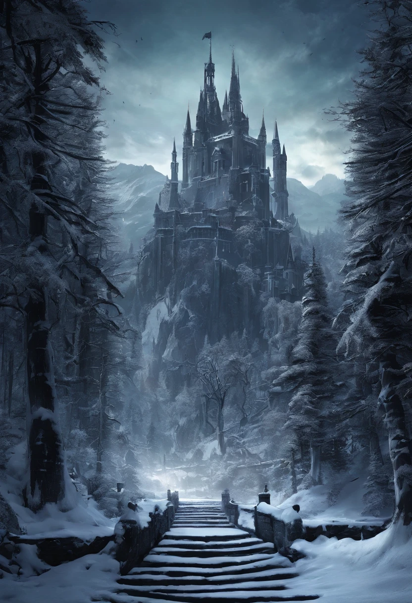 snowy scene of a large city with a large castle carved in the side of a mountain under construction, archways,working snow elves, marc adamus, inspired by the elder scrolls, inspired by Skyrim, frozen like a statue, miss aniela, beautiful render of a fairytale, photorealistic disney, queen of winter. Dark fantasy concept art, Skyrim Concept art, Dark souls concept art View from miles away