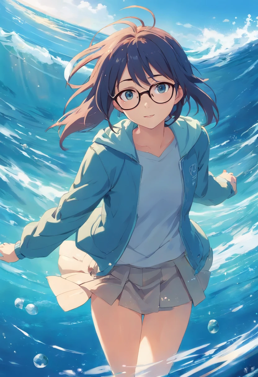 High cold girl with glasses。Clear blue sea