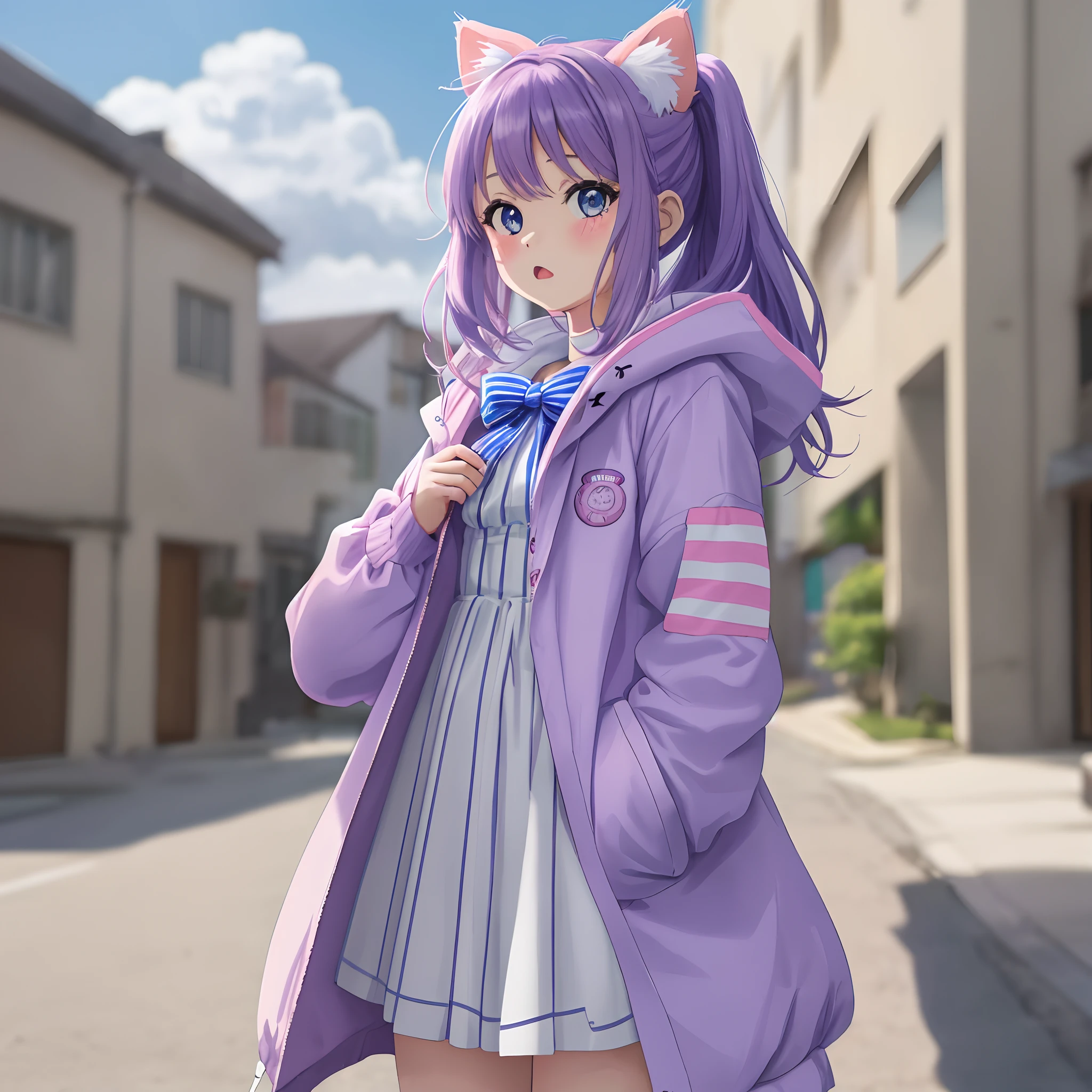 Imagem de um personagem de anime, kawaii com cabelo roxo, olhos azuis, Orelhas de gatinho, Pink jacket with a blue bow and white stripes on the sleeve