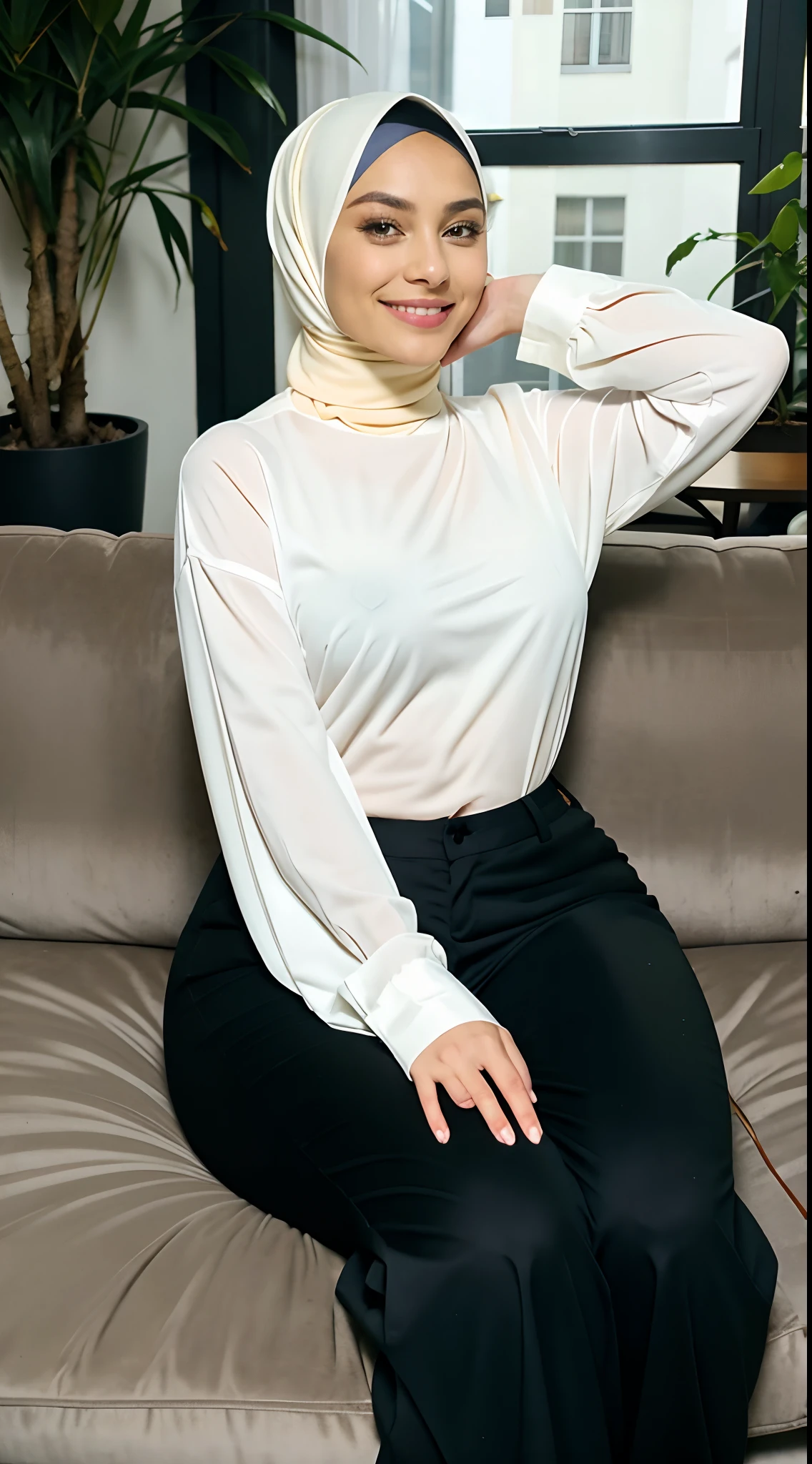 Kodak disposable camera photo of a beautiful female, wear hijab, long sleeves thick blouse, long pants, smiling suggestively, indoors, sitting on sofa