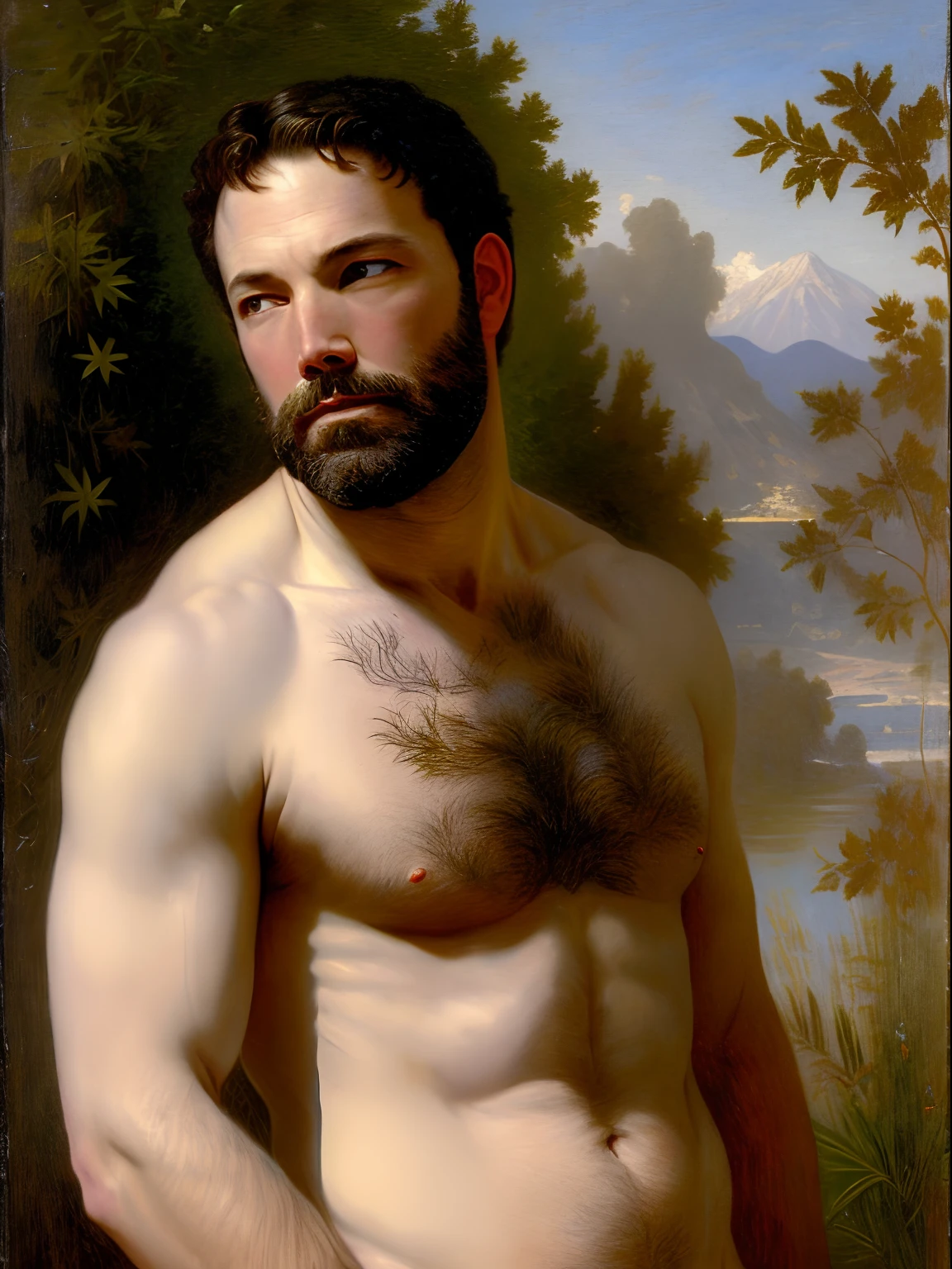 A full body portrait of Ben Affleck as an extremely strong and handsome 40s years old man, highly detailed painting, portrait, artwork by William-Adolphe Bouguereau, ethereal, poetic pastoral