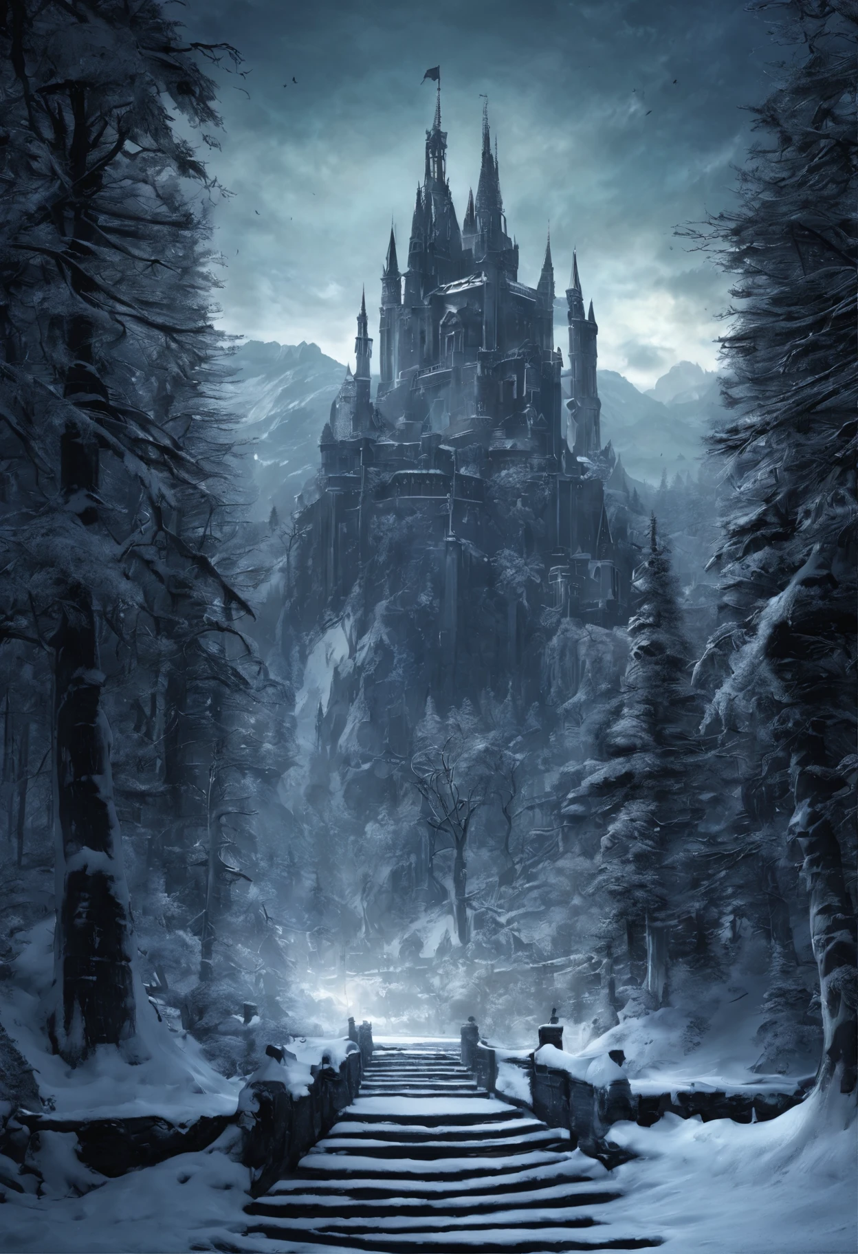 snowy scene of a large city with a large castle carved in the side of a mountain under construction, archways,working snow elves, marc adamus, inspired by the elder scrolls, inspired by Skyrim, frozen like a statue, miss aniela, beautiful render of a fairytale, photorealistic disney, queen of winter. Dark fantasy concept art, Skyrim Concept art, Dark souls concept art View from miles away