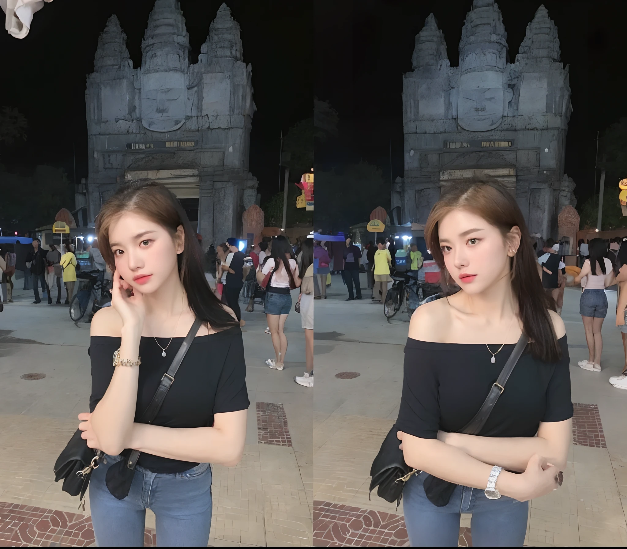 (lifelike, high - resolution:1.3), 1 girl with a perfect body, Super fine face and eyes,slong hair, Tank top of random colors:1.2, short jeans, big boob,Expose cleavage
