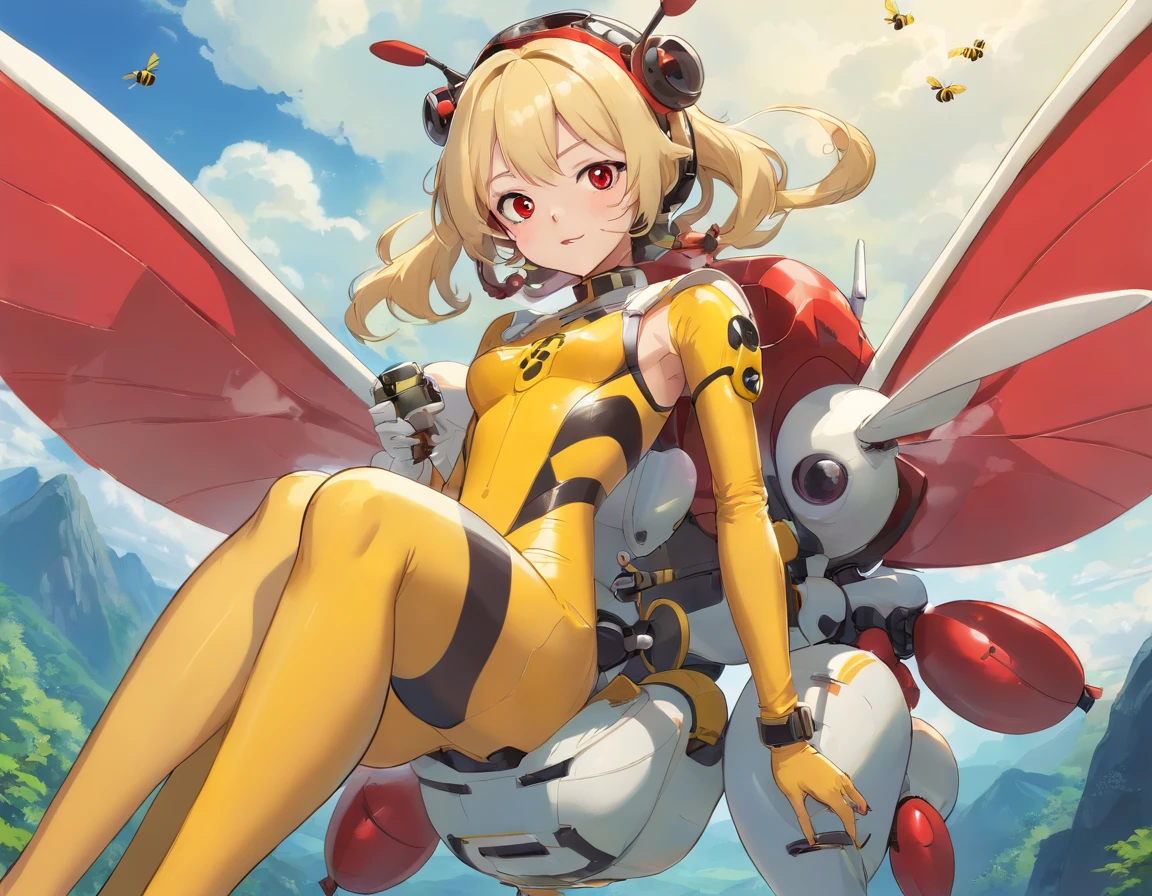 Sexy female drone, bee themed bodysuit, latex, bee wings, red compound goggles, high heels, masked face, exposed mouth, blonde hair