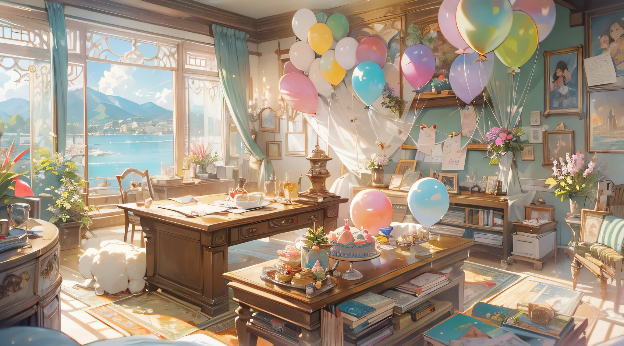 ​masterpiece、top-quality、ultra-detailliert、In a large house in the Japan、The room is spacious and comfortable.、sofas、big desk、Birthday cake on the desk、The cake has a candle lit、Decorate a lot in the room、A lot of balloons in the room、Lots of gift boxes in the room、Outside the window is the sea、Clear、altostratus、Perfect depiction and background、Perfect balance、１６K、Ghibli landscape painting