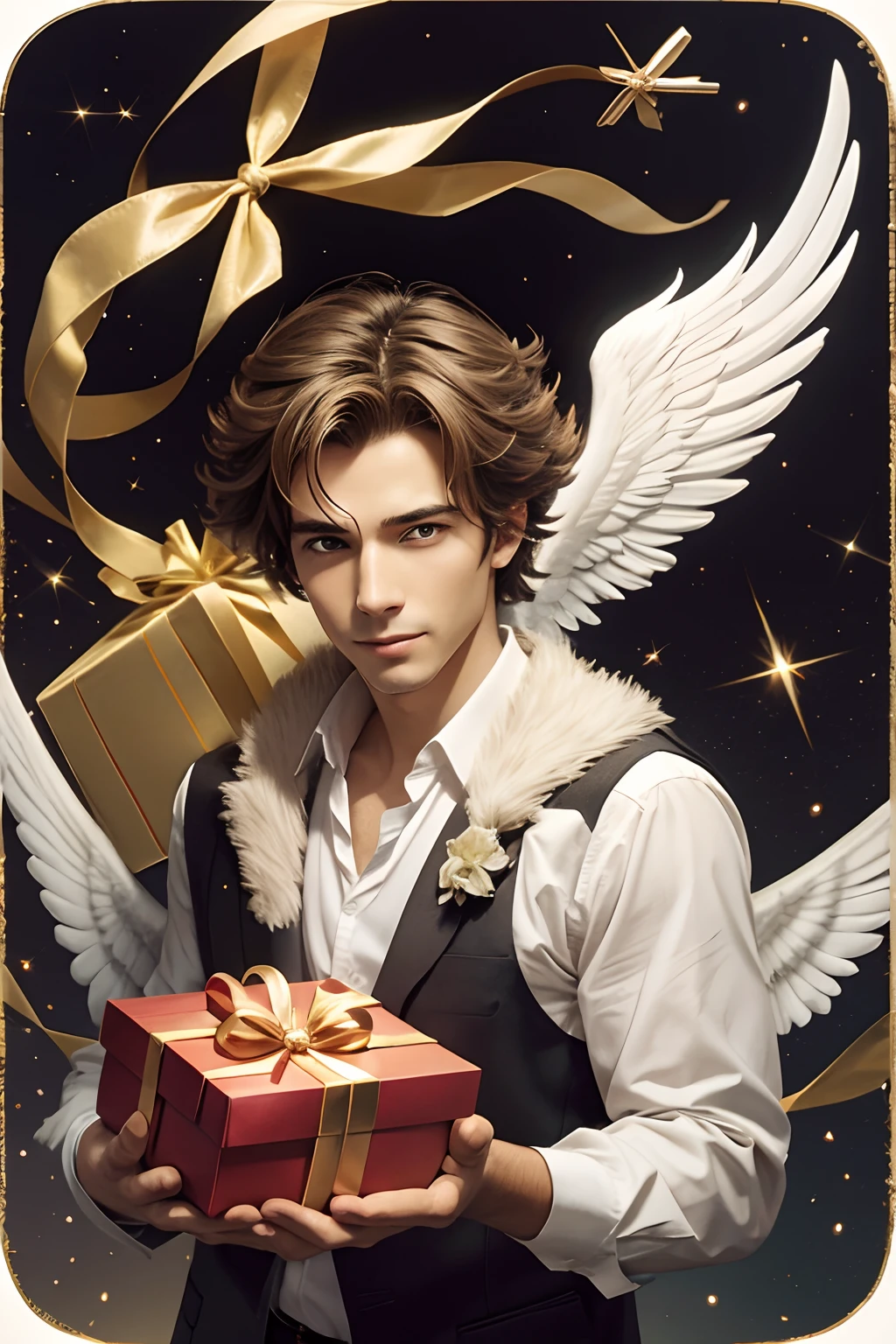 a flying angel with a gift box in his hands