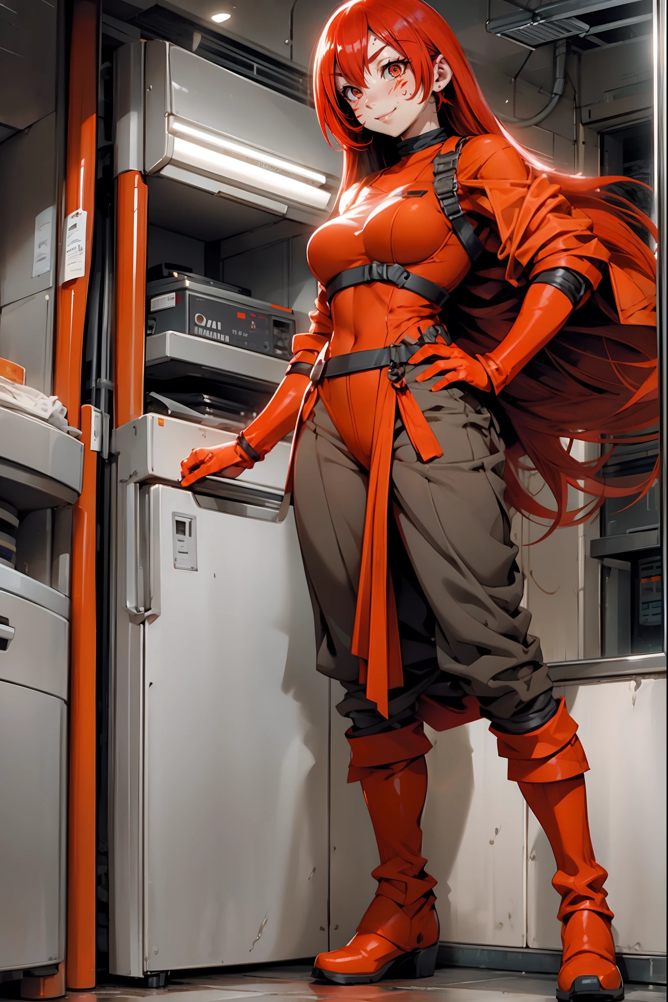 lava, red hair, orange eyes, prisoner cloths, medium breast, smile, facial mark, long hair, standing solo, full body, boots