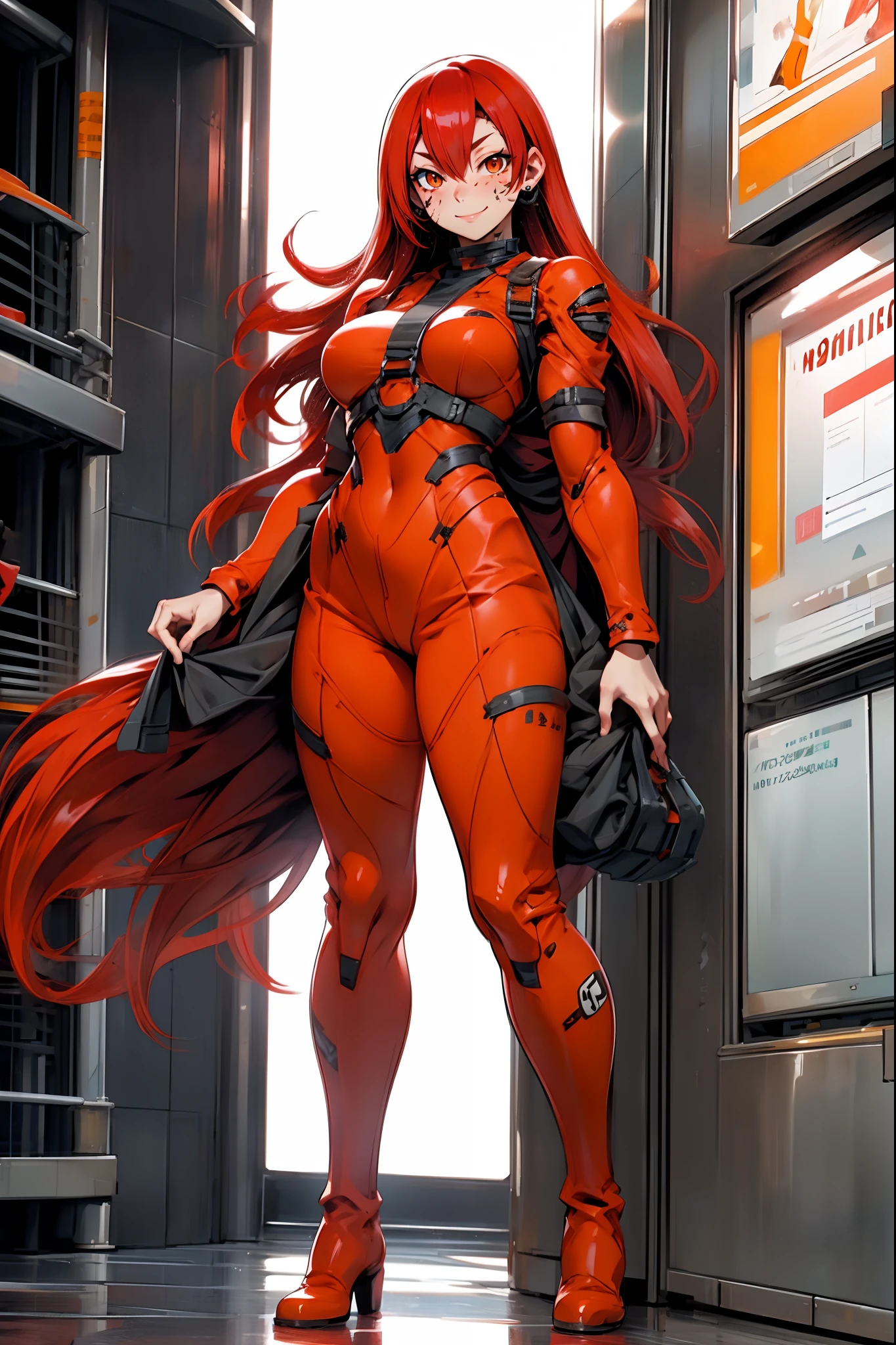 lava, red hair, orange eyes, prisoner cloths, medium breast, smile, facial mark, long hair, standing solo, full body, boots